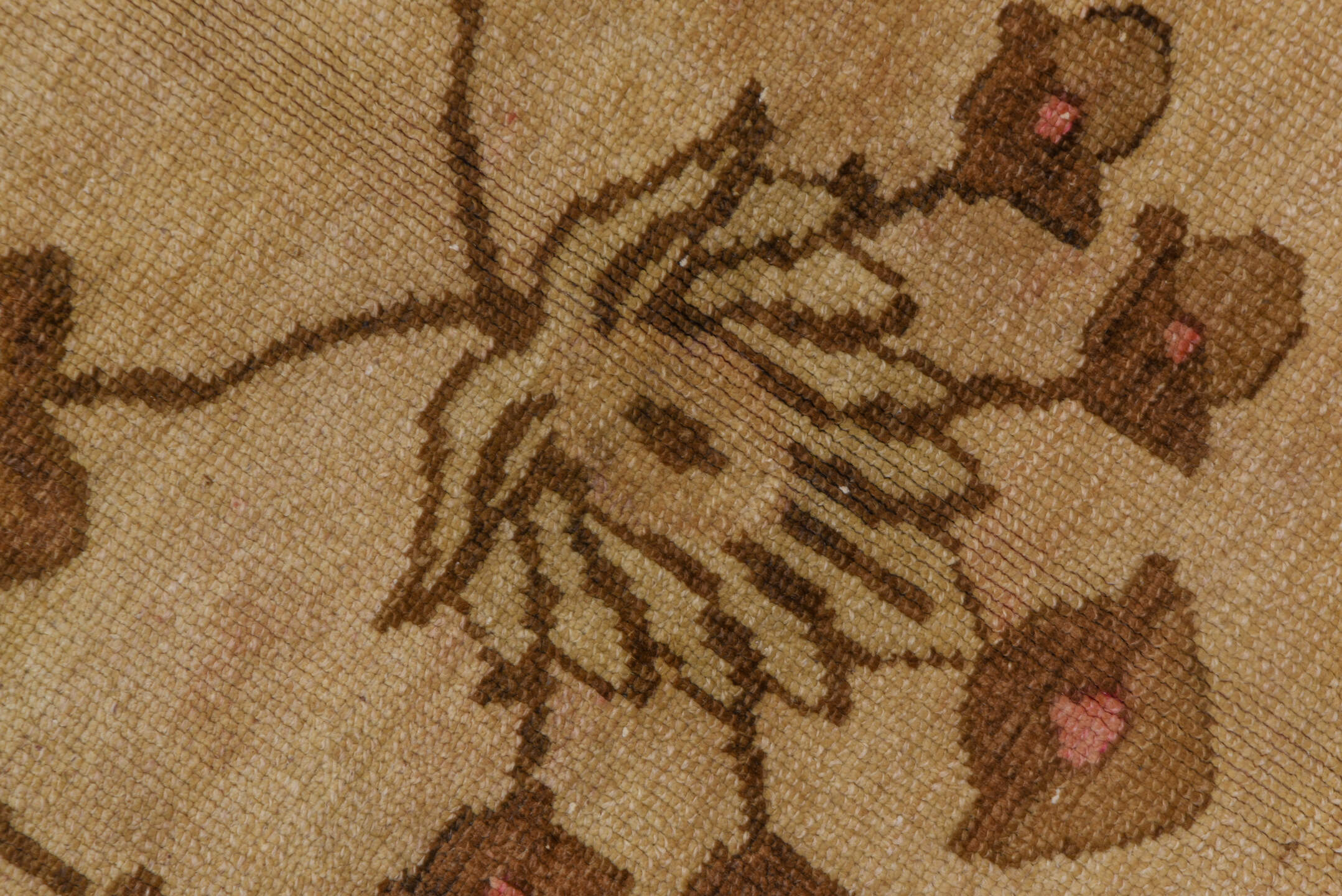 8' x 12' one-of-a-kind handmade vintage Oushak large size rug. Color palette: brown, burlywood, off-white, tan