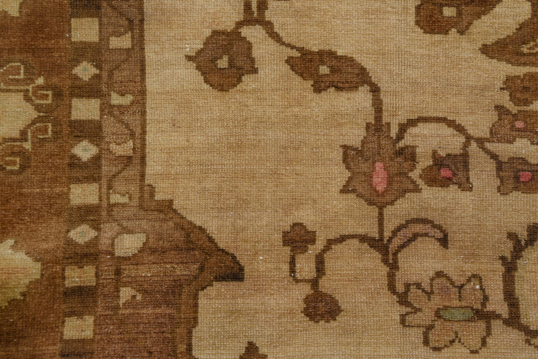 8' x 12' one-of-a-kind handmade vintage Oushak large size rug. Color palette: ivory, brown, taupe, camel, rose, pale_blue