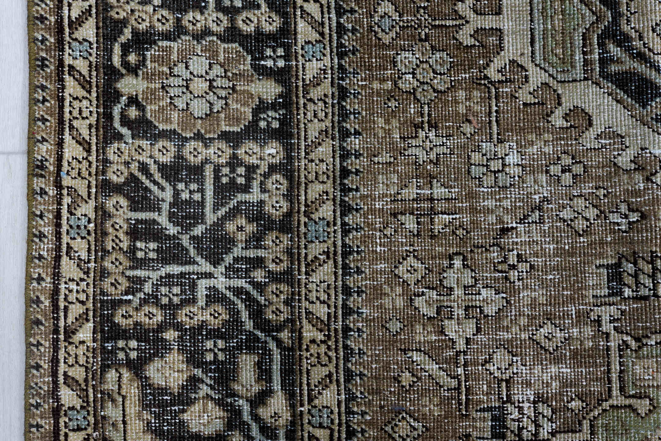 7' x 10' one-of-a-kind handmade antique Karaje large size rug. Color palette: brown, navy, ivory, taupe, sage, aqua