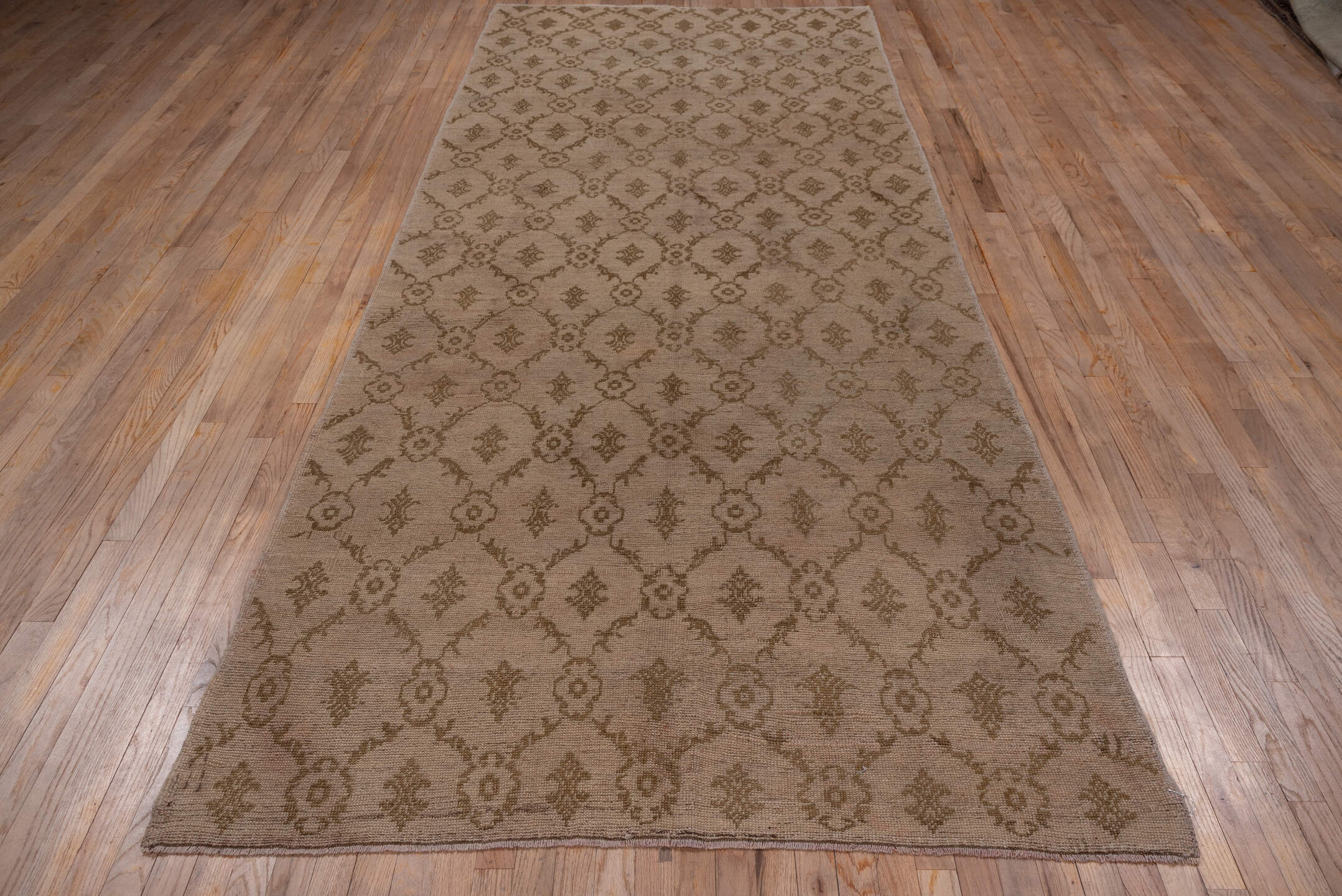 5' x 11' one-of-a-kind handmade vintage Oushak rug. Color palette: brown, gray, light gray, off-white, pink, snow, white