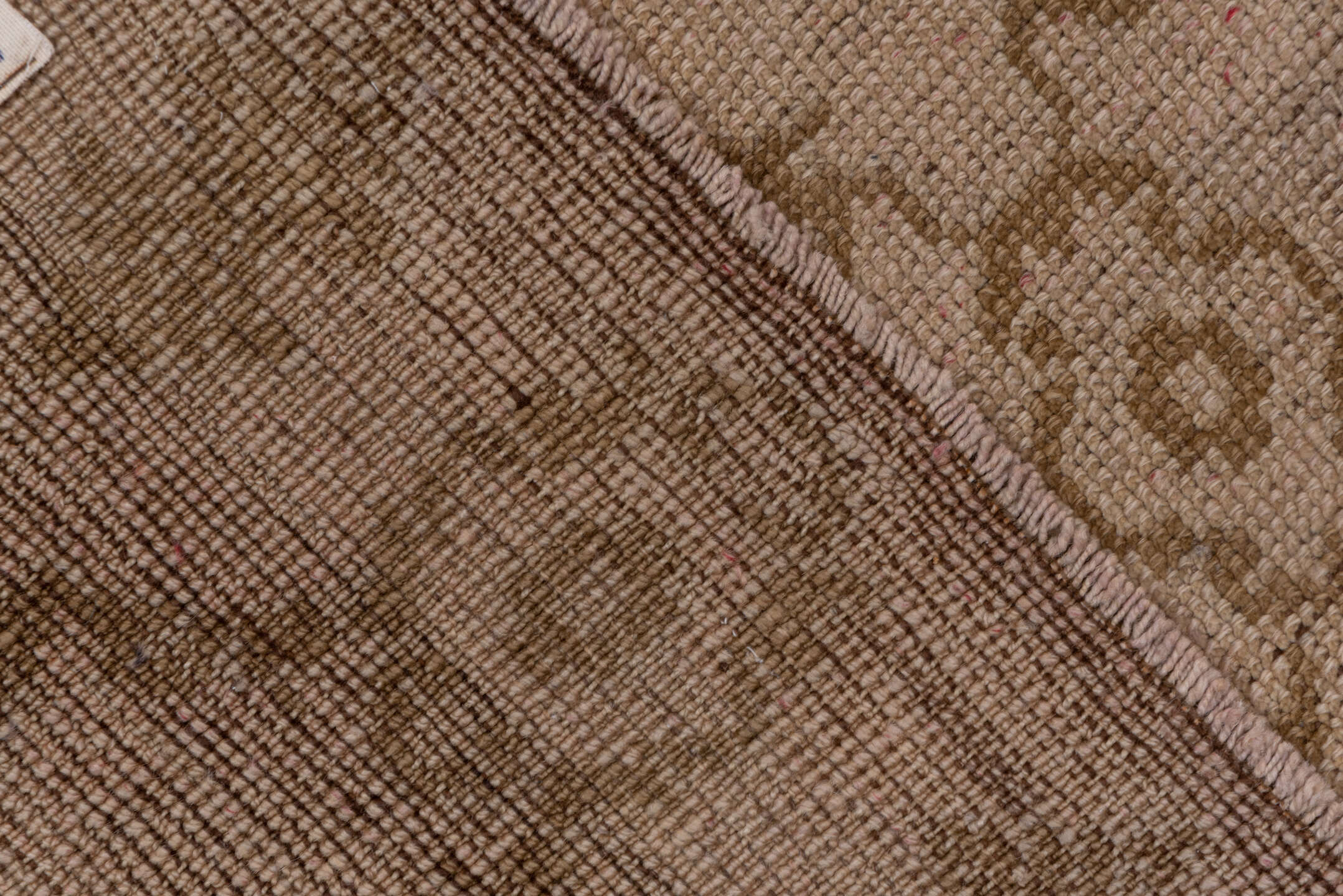 5' x 11' one-of-a-kind handmade vintage Oushak rug. Color palette: brown, gray, light gray, off-white, pink, snow, white