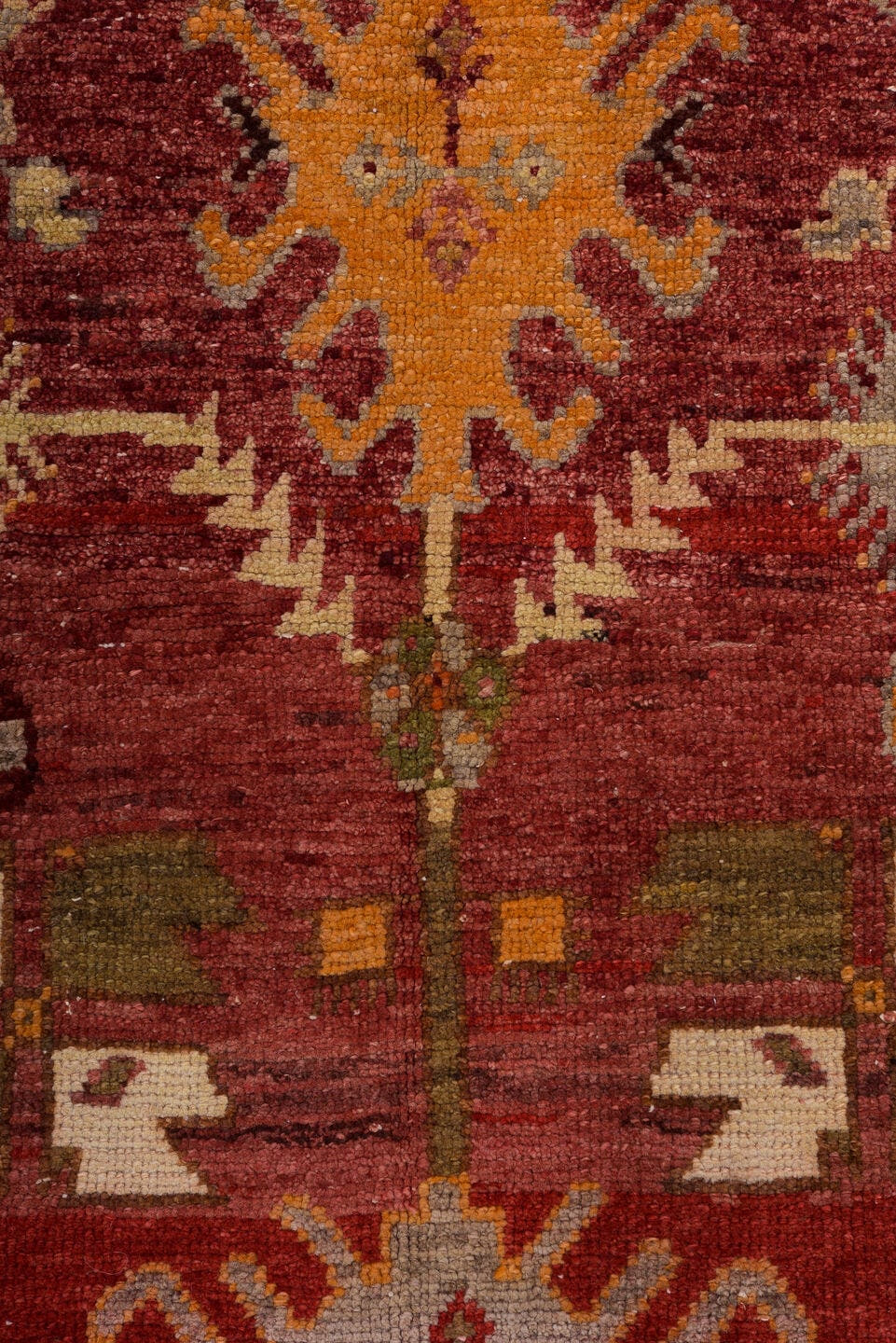 3' x 9' one-of-a-kind handmade vintage Oushak runner rug. Color palette: rust, crimson, olive, rose, gold, terra cotta
