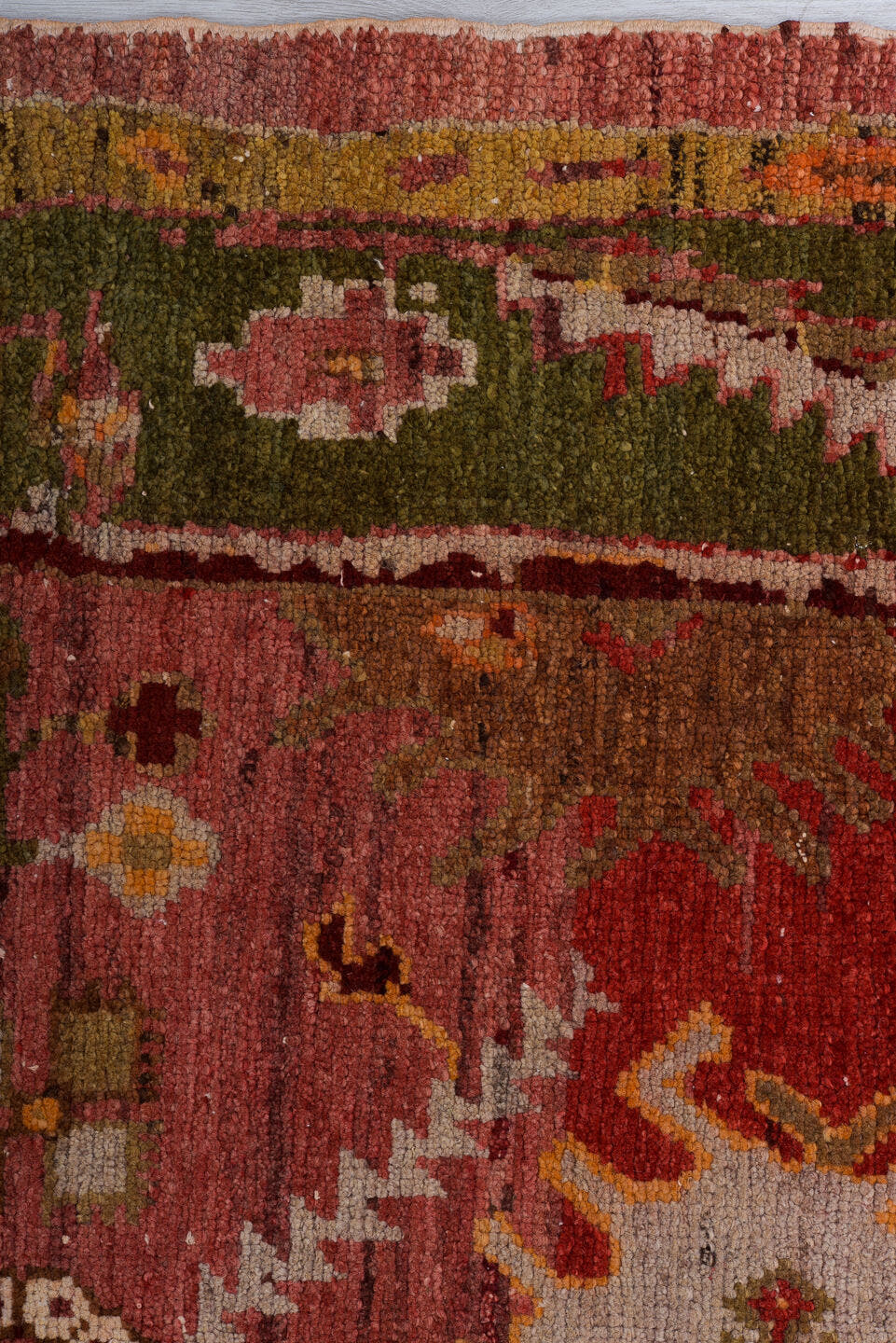 3' x 9' one-of-a-kind handmade vintage Oushak runner rug. Color palette: rust, crimson, olive, rose, gold, terra cotta