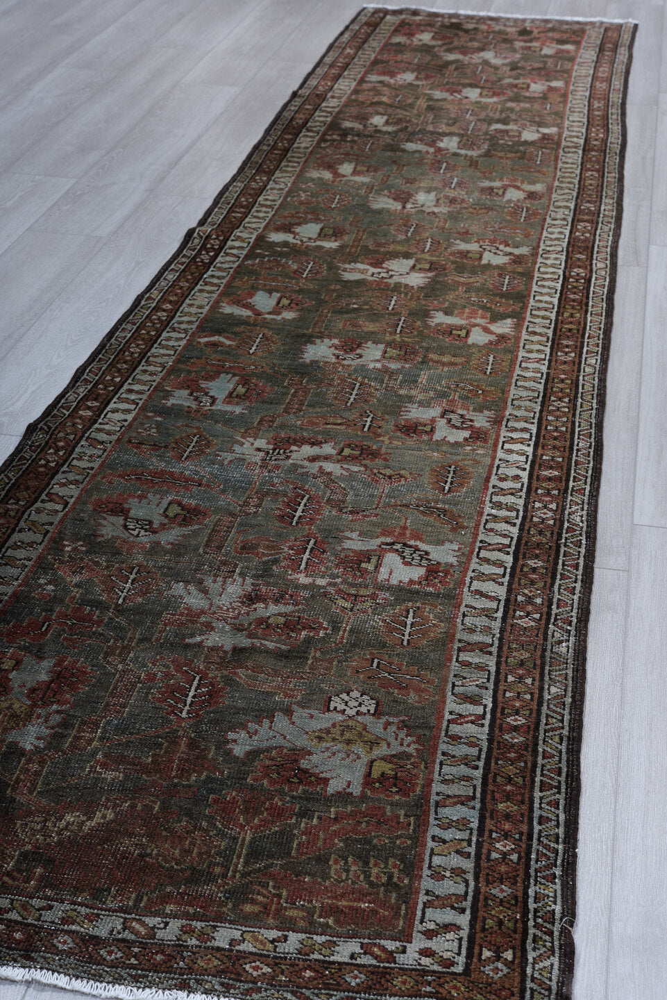 2' x 13' one-of-a-kind handmade vintage Heriz runner rug. Color palette: black, brown, gray, light gray, off-white, redwood