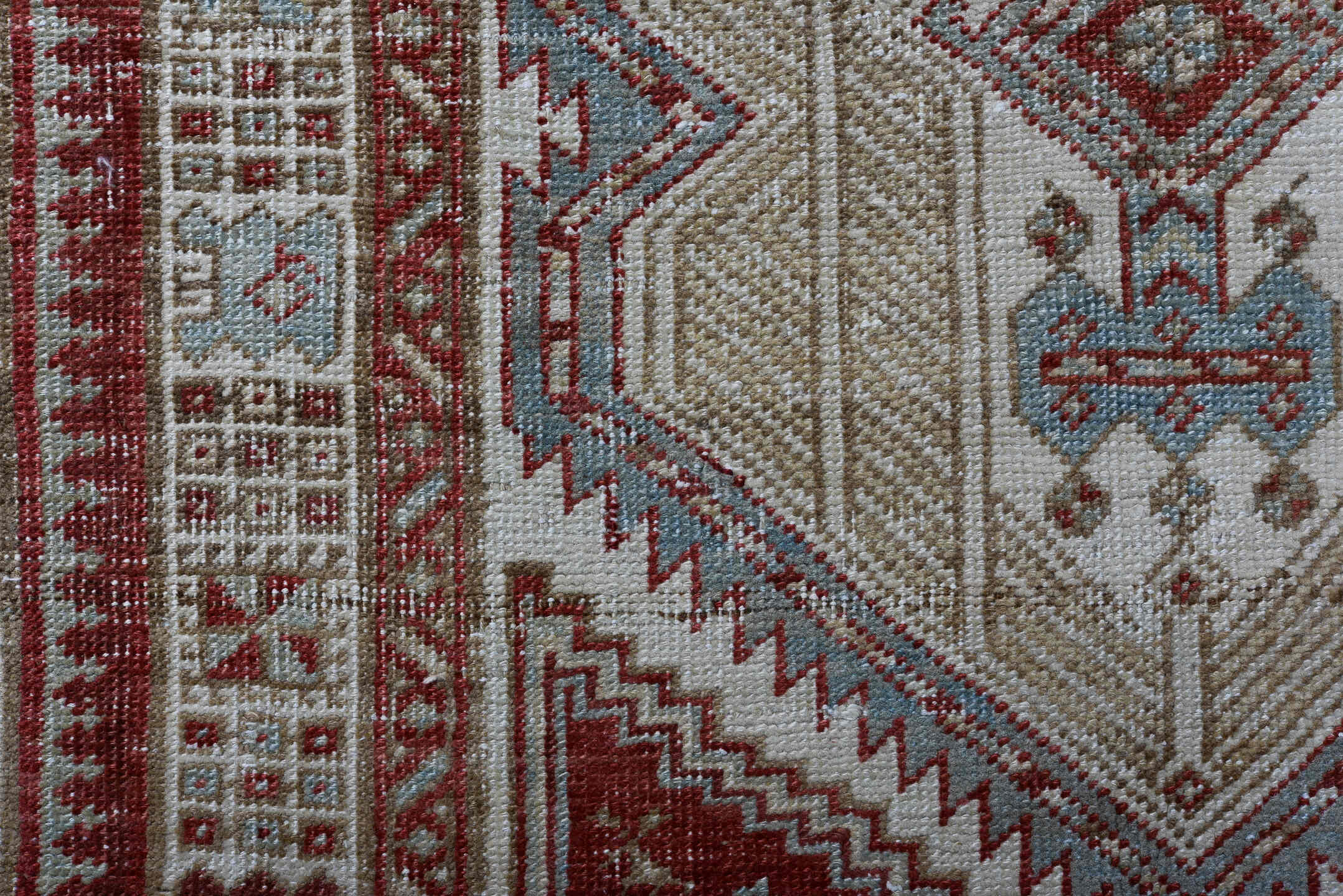 3' x 15' one-of-a-kind handmade vintage Sarab runner rug. Color palette: ivory, rust, brick, indigo, sky_blue, taupe