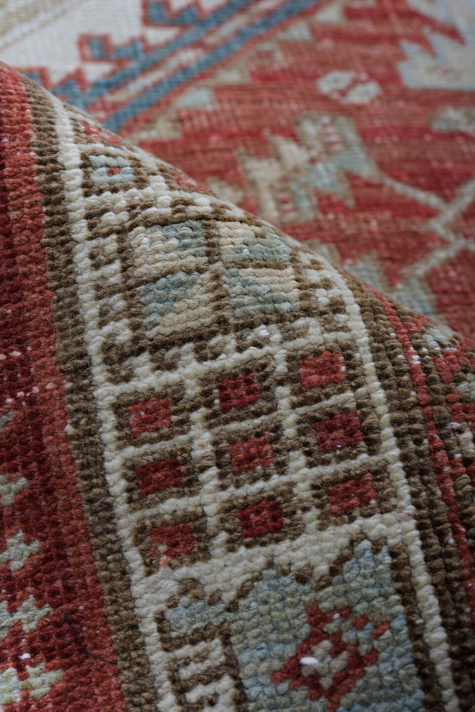 3' x 15' one-of-a-kind handmade vintage Sarab runner rug. Color palette: ivory, rust, brick, indigo, sky_blue, taupe