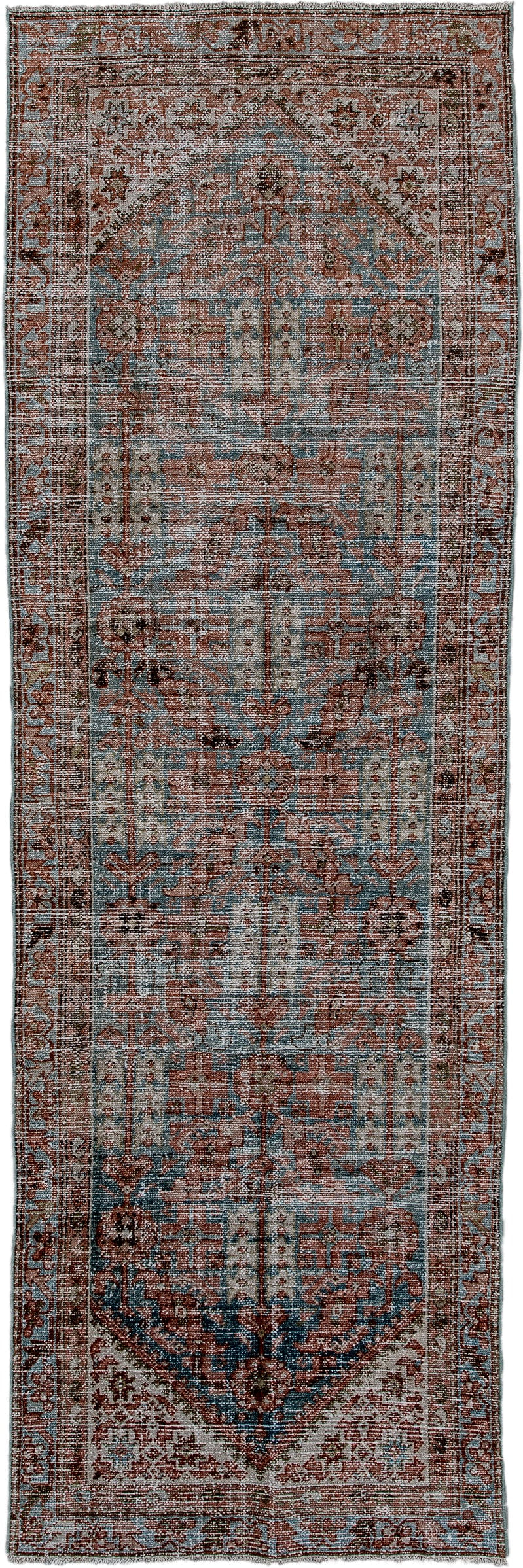 3' x 9' one-of-a-kind handmade vintage Malayer runner rug. Color palette: terra cotta, pale blue, ivory, rust, charcoal