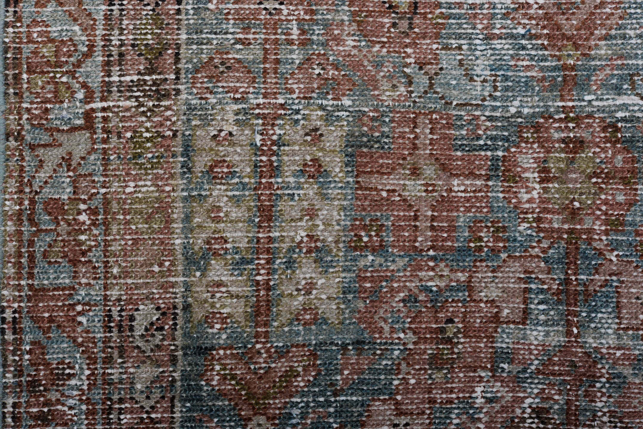 3' x 9' one-of-a-kind handmade vintage Malayer runner rug. Color palette: terra cotta, pale blue, ivory, rust, charcoal