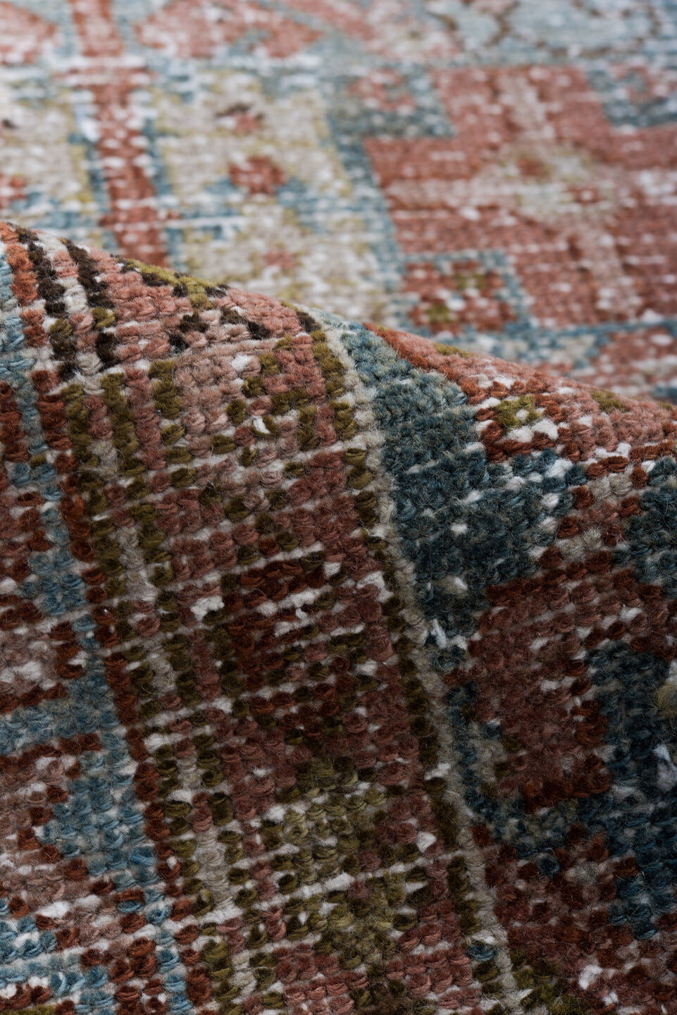 3' x 9' one-of-a-kind handmade vintage Malayer runner rug. Color palette: terra cotta, pale blue, ivory, rust, charcoal