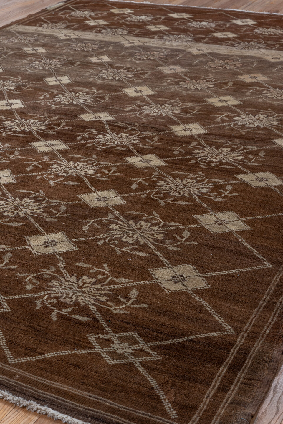 7' x 9' one-of-a-kind handmade vintage Kars rug. Color palette: brown, ivory, taupe, camel, charcoal, beige, gray, black