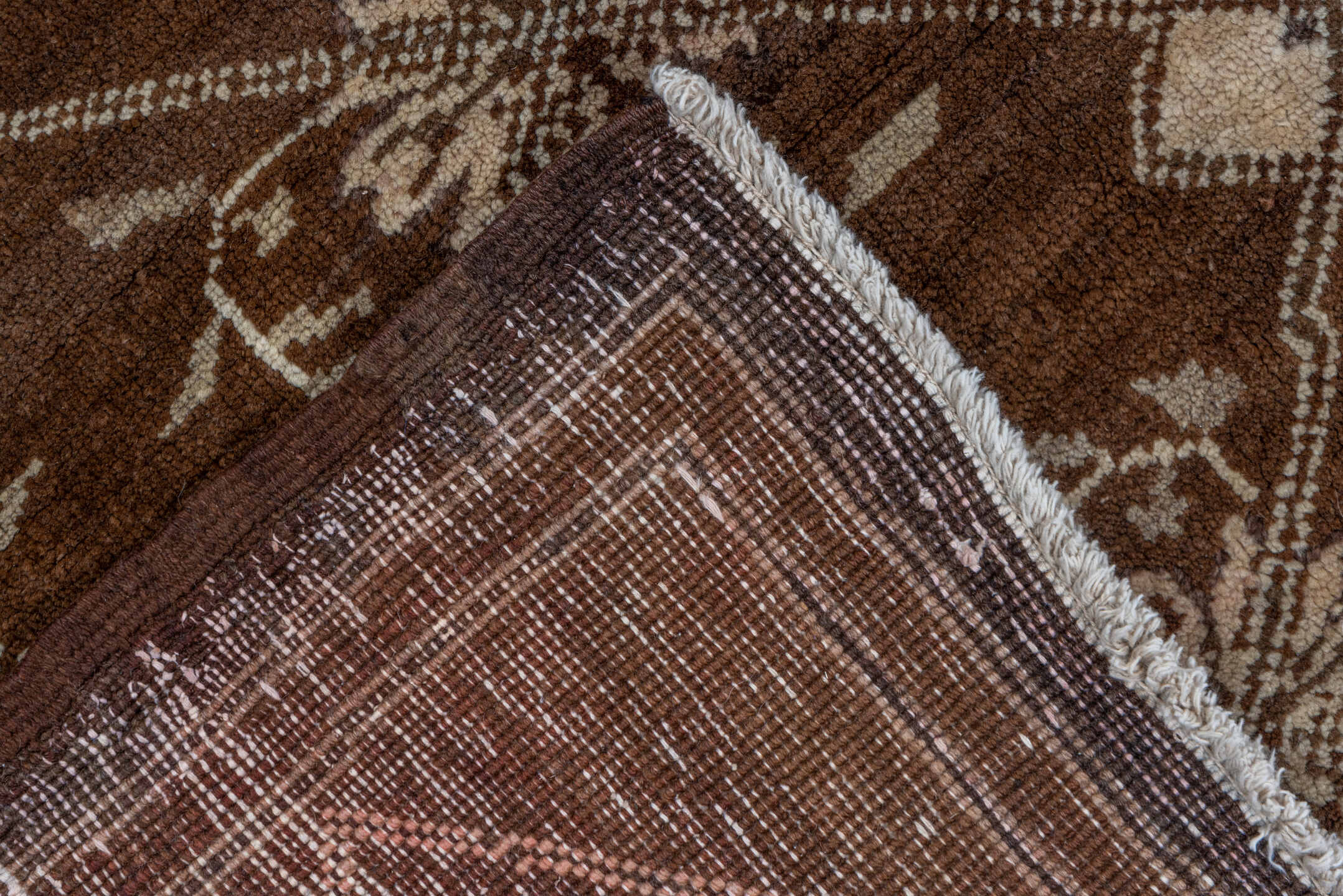 7' x 9' one-of-a-kind handmade vintage Kars rug. Color palette: brown, ivory, taupe, camel, charcoal, beige, gray, black