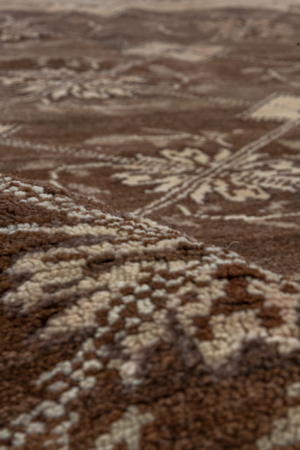 7' x 9' one-of-a-kind handmade vintage Kars rug. Color palette: brown, ivory, taupe, camel, charcoal, beige, gray, black