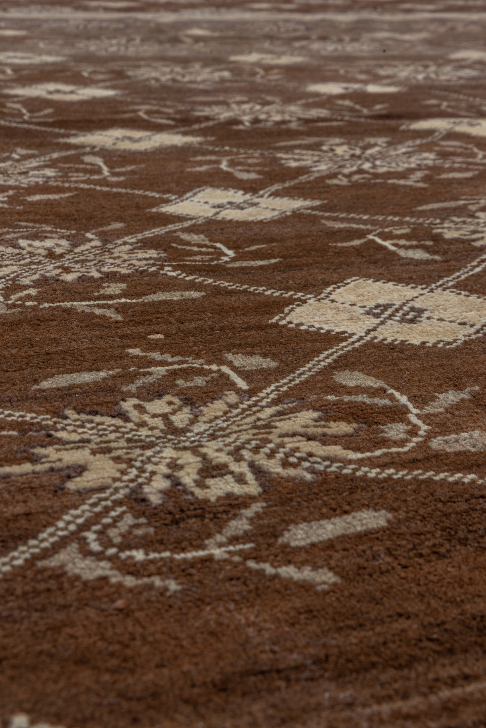 7' x 9' one-of-a-kind handmade vintage Kars rug. Color palette: brown, ivory, taupe, camel, charcoal, beige, gray, black