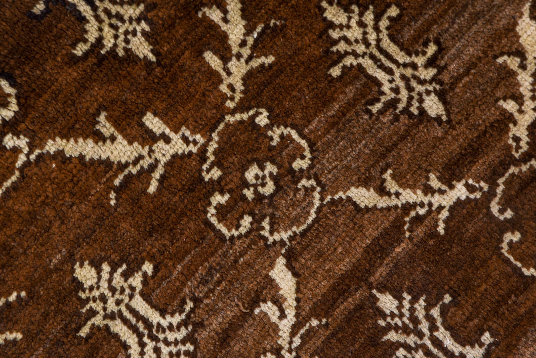 7' x 9' one-of-a-kind handmade vintage Kars rug. Color palette: brown, ivory, taupe, camel, charcoal, beige, gray, black