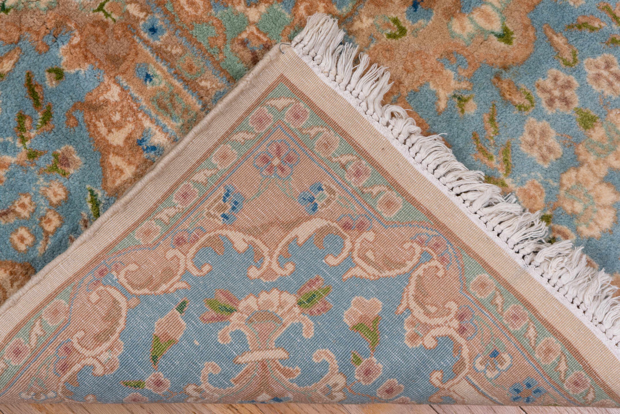 9' x 18' one-of-a-kind handmade vintage Kerman rug. Color palette: ivory, sky blue, beige, taupe, camel, slate, light blue