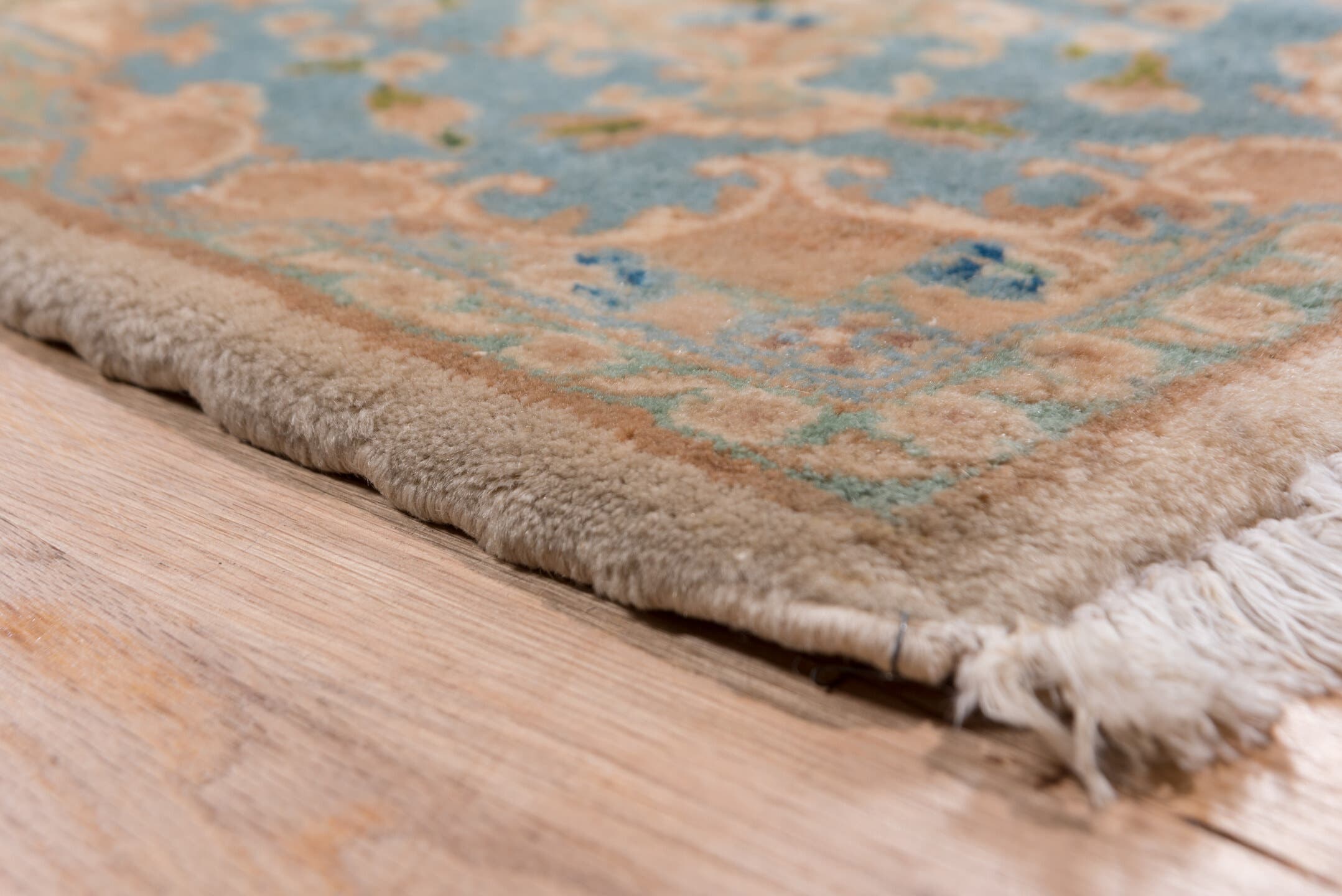 9' x 18' one-of-a-kind handmade vintage Kerman rug. Color palette: ivory, sky blue, beige, taupe, camel, slate, light blue