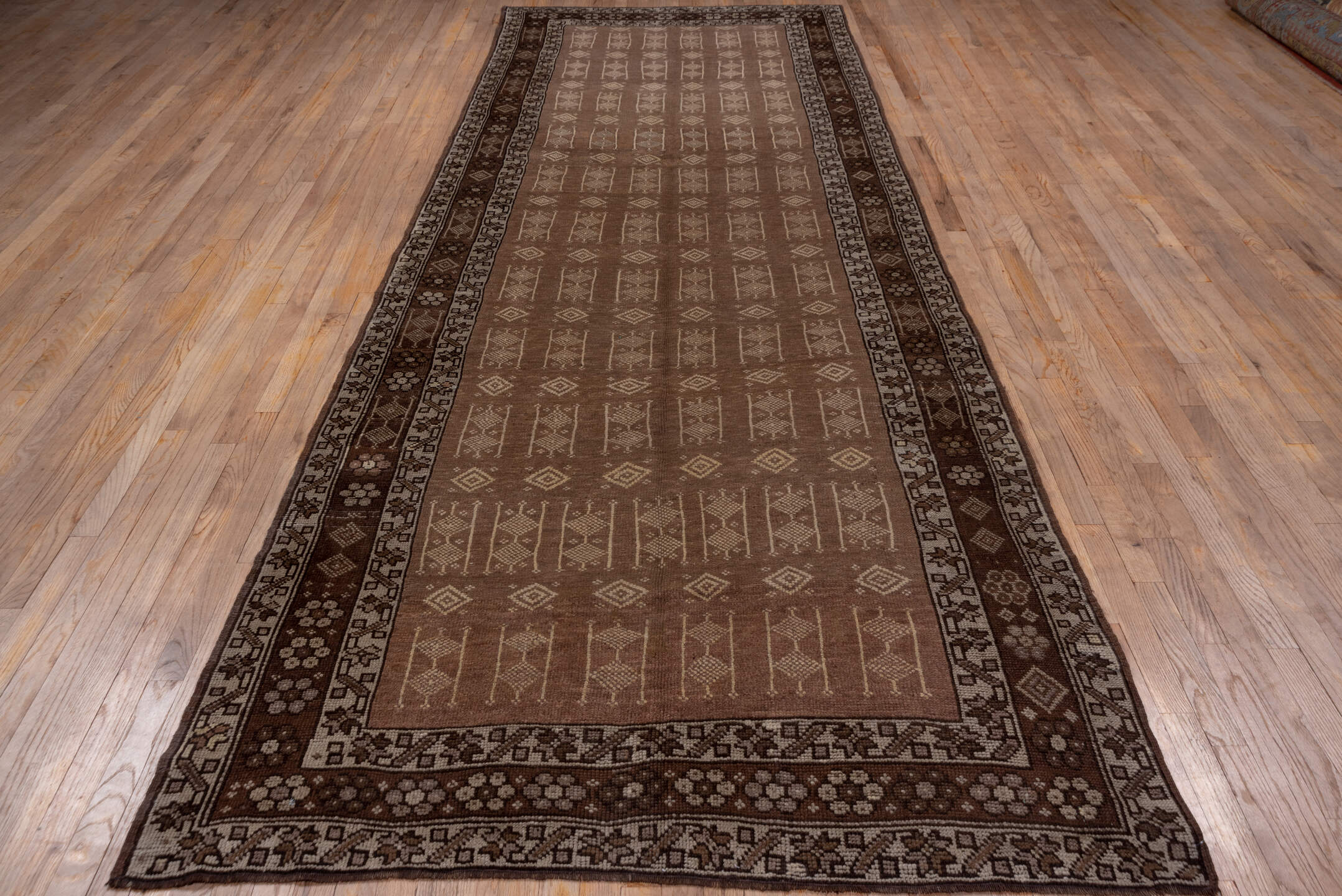 5' x 13' one-of-a-kind handmade vintage Kars runner rug. Color palette: brown, gray, off-white, snow, white, whitesmoke