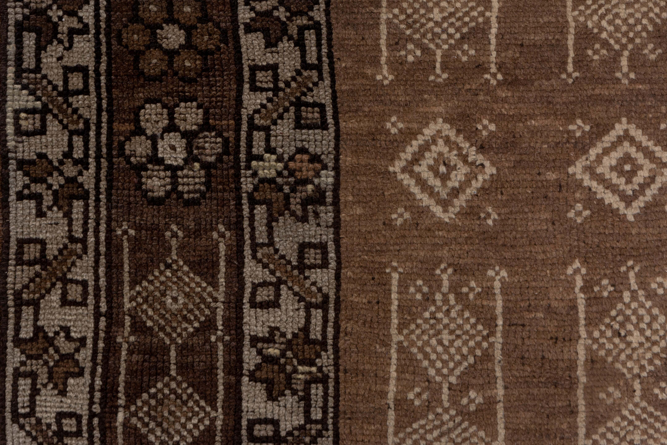 5' x 13' one-of-a-kind handmade vintage Kars runner rug. Color palette: brown, gray, off-white, snow, white, whitesmoke