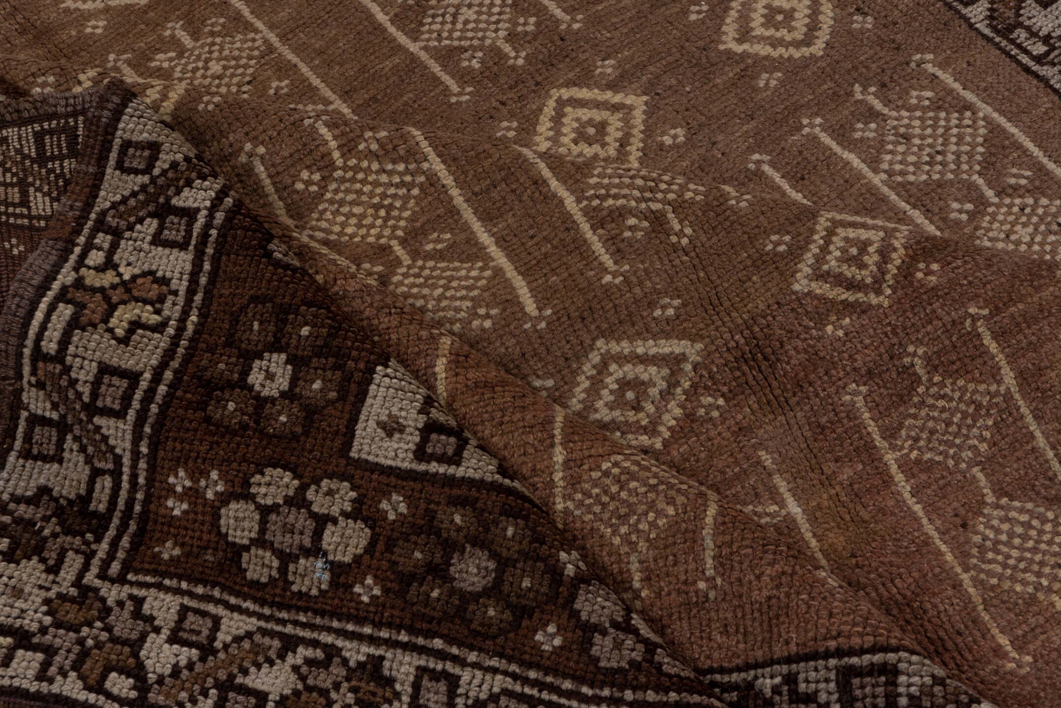 5' x 13' one-of-a-kind handmade vintage Kars runner rug. Color palette: taupe, brown, ivory, charcoal, camel, beige, gray