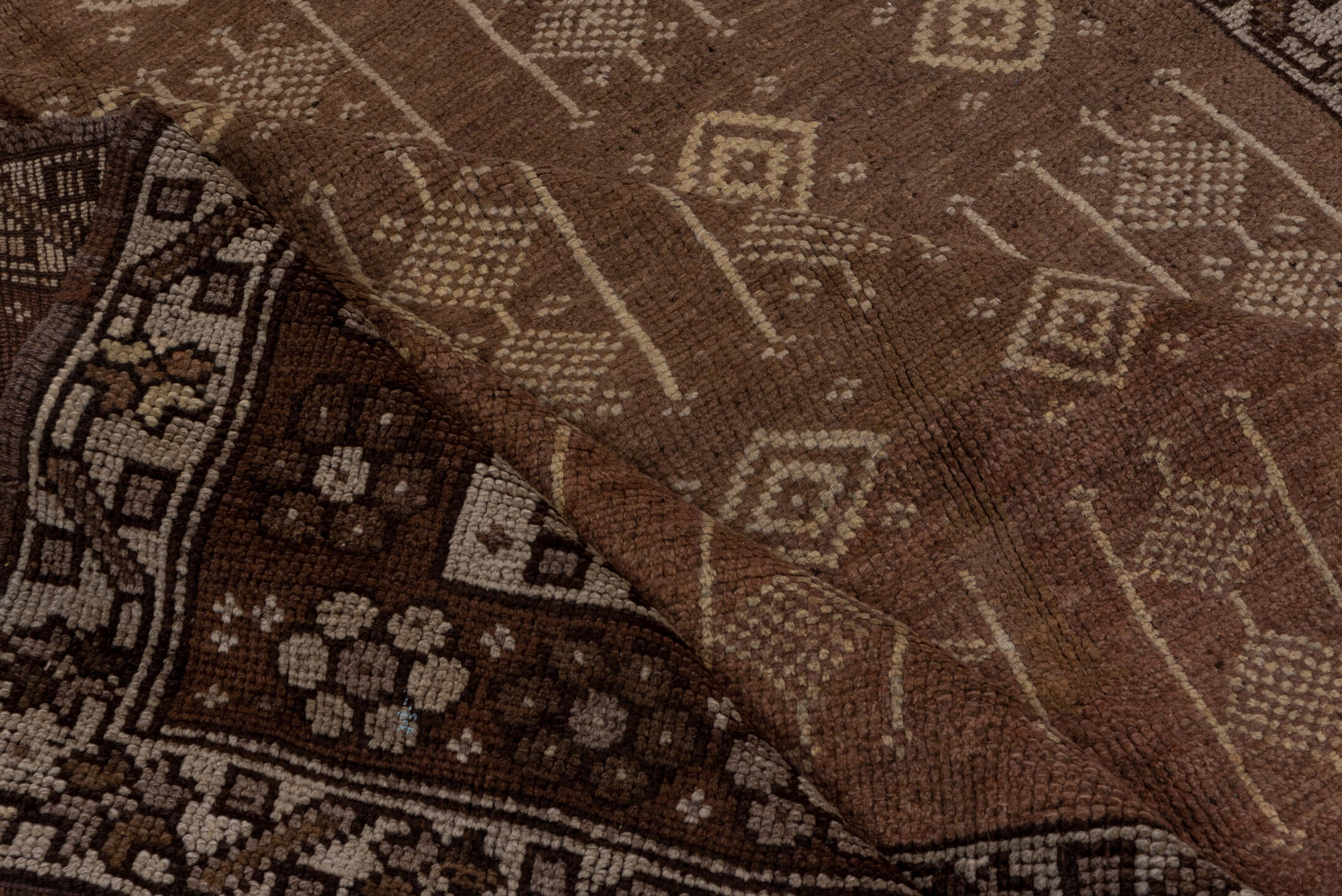 5' x 13' one-of-a-kind handmade vintage Kars runner rug. Color palette: taupe, brown, ivory, charcoal, camel, beige, gray