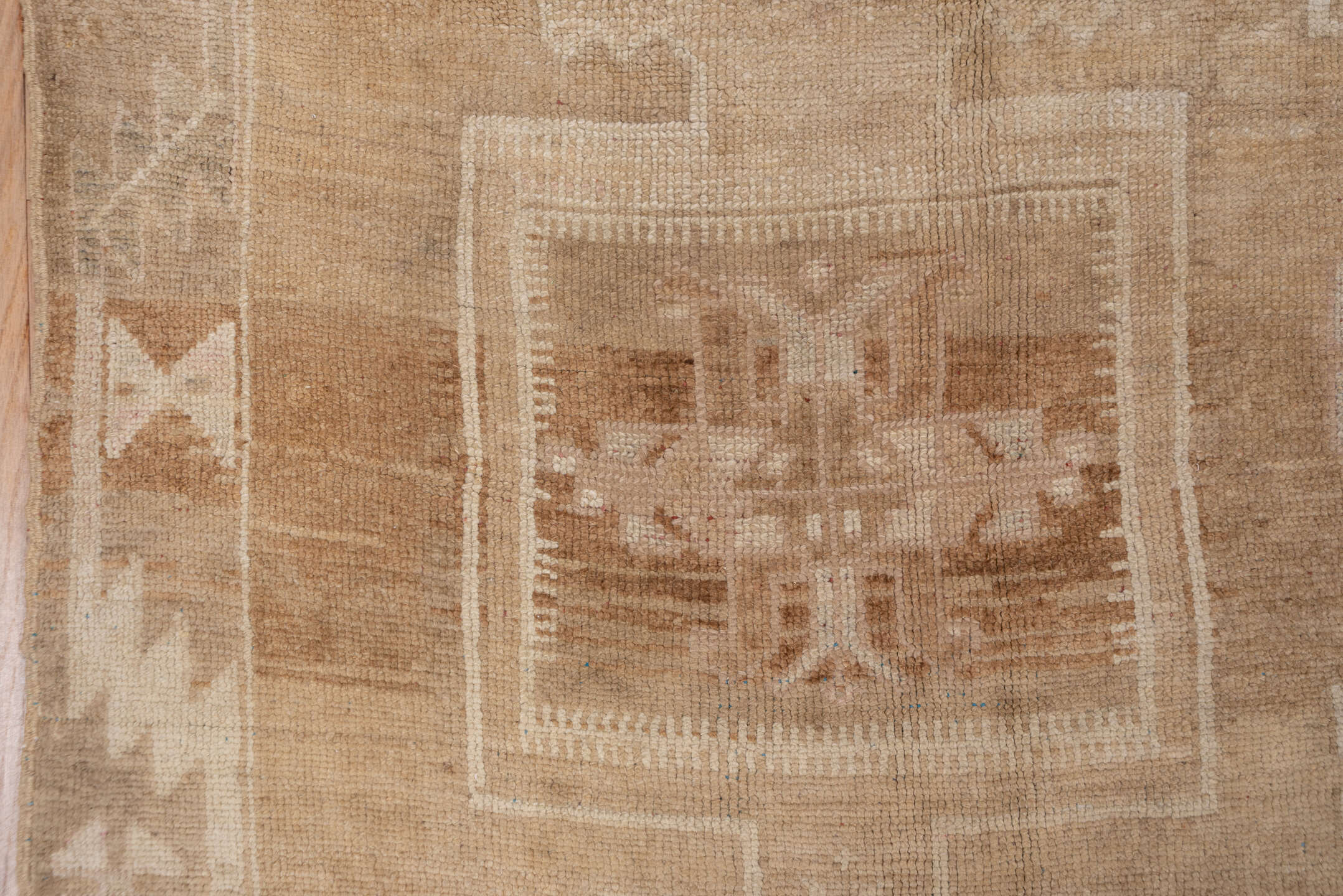 6' x 14' one-of-a-kind handmade vintage Oushak large size rug. Color palette: camel, taupe, beige, ivory, sand, light brown