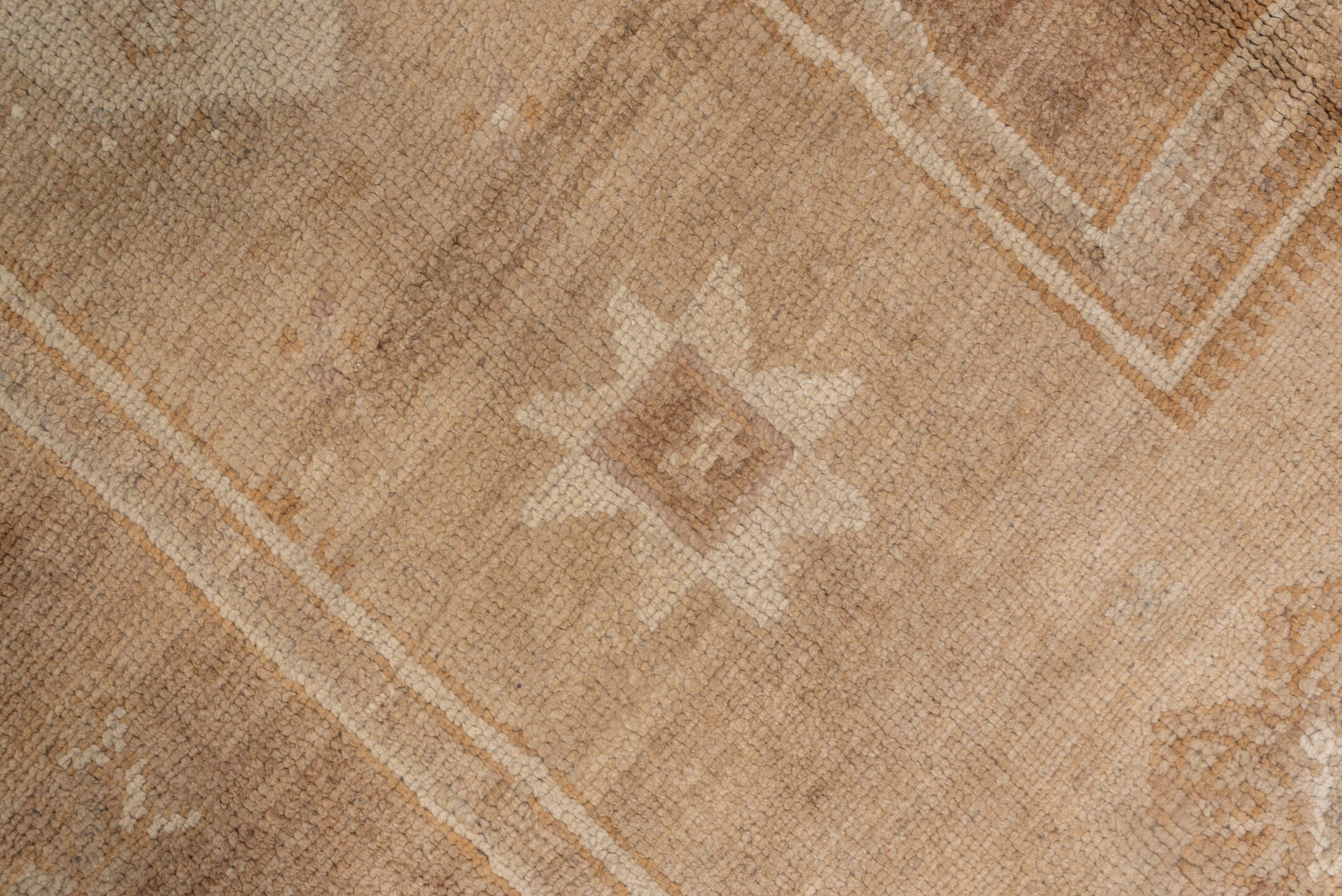 6' x 14' one-of-a-kind handmade vintage Oushak large size rug. Color palette: brown, off-white, orange, pink, tan