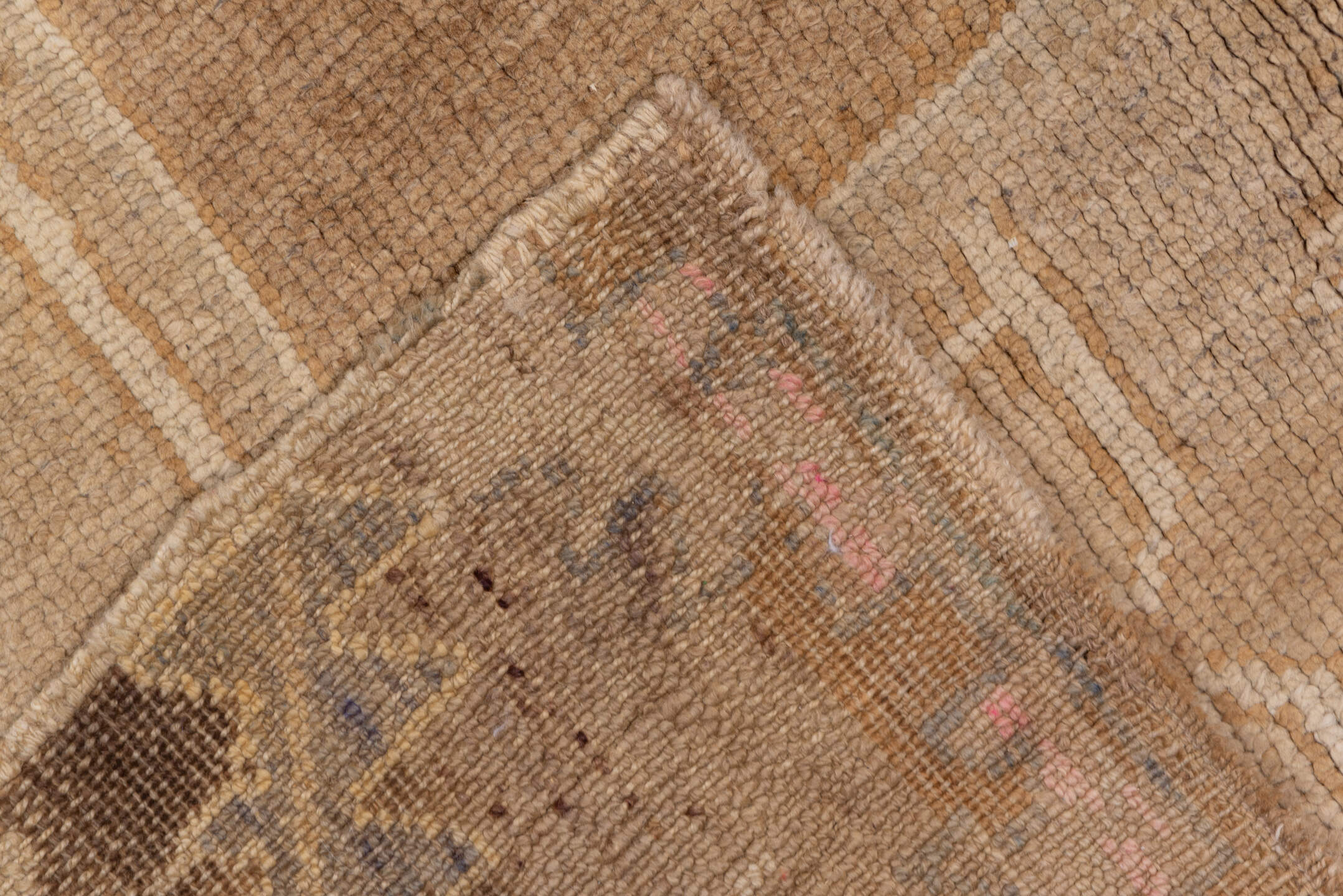 6' x 14' one-of-a-kind handmade vintage Oushak large size rug. Color palette: brown, off-white, orange, pink, tan