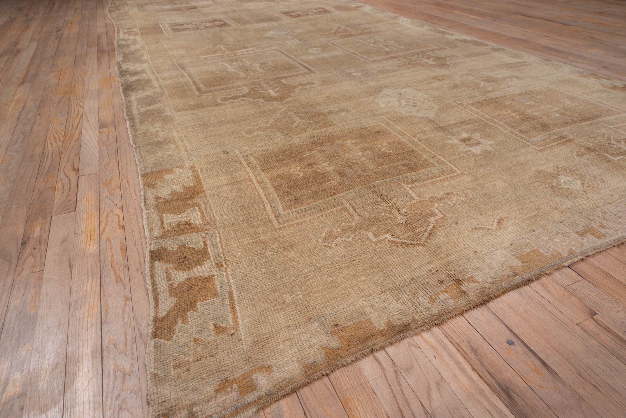 6' x 14' one-of-a-kind handmade vintage Oushak large size rug. Color palette: camel, taupe, beige, ivory, sand, light brown