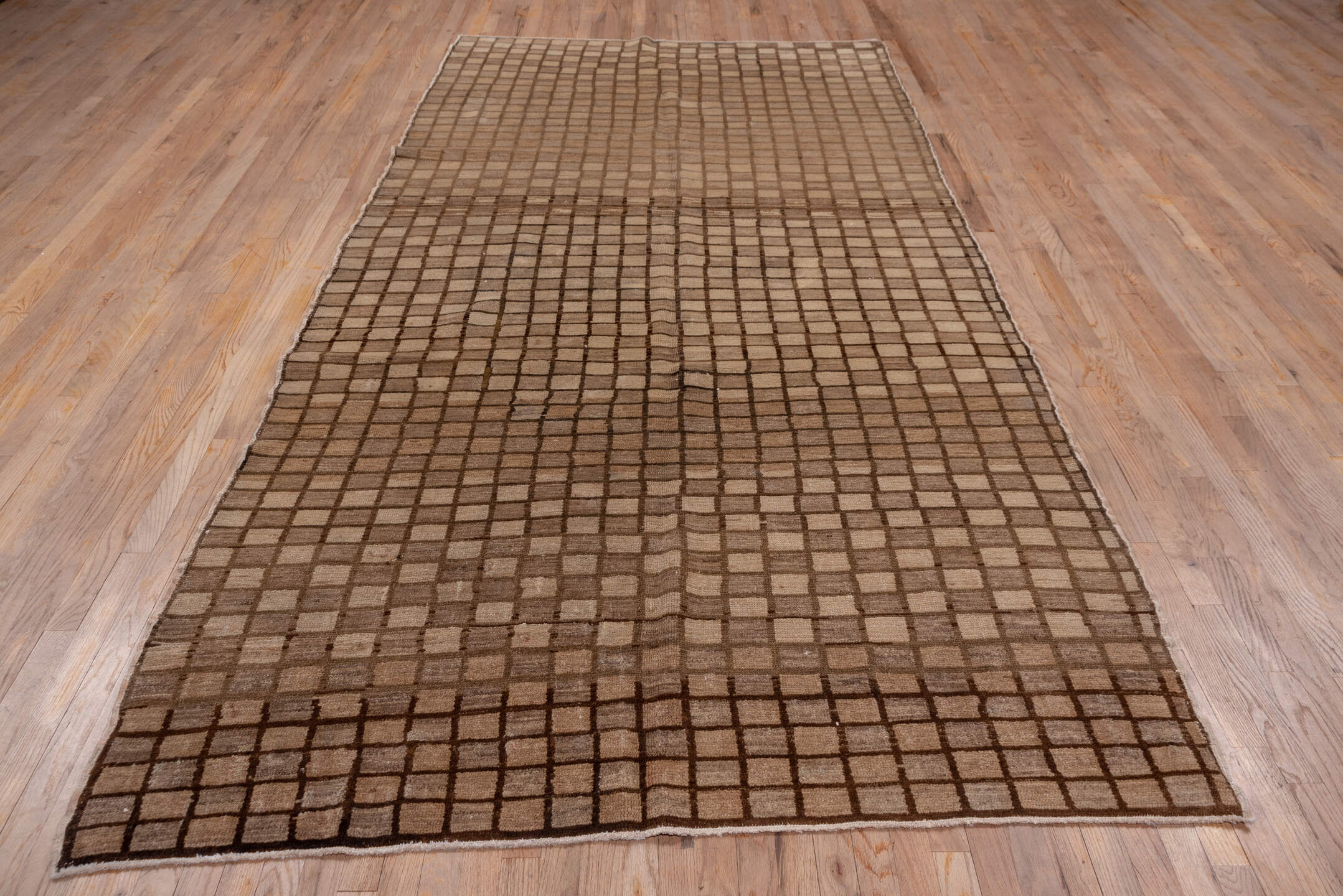 6' x 11' one-of-a-kind handmade vintage Oushak large size rug. Color palette: taupe, brown, camel, beige, gray