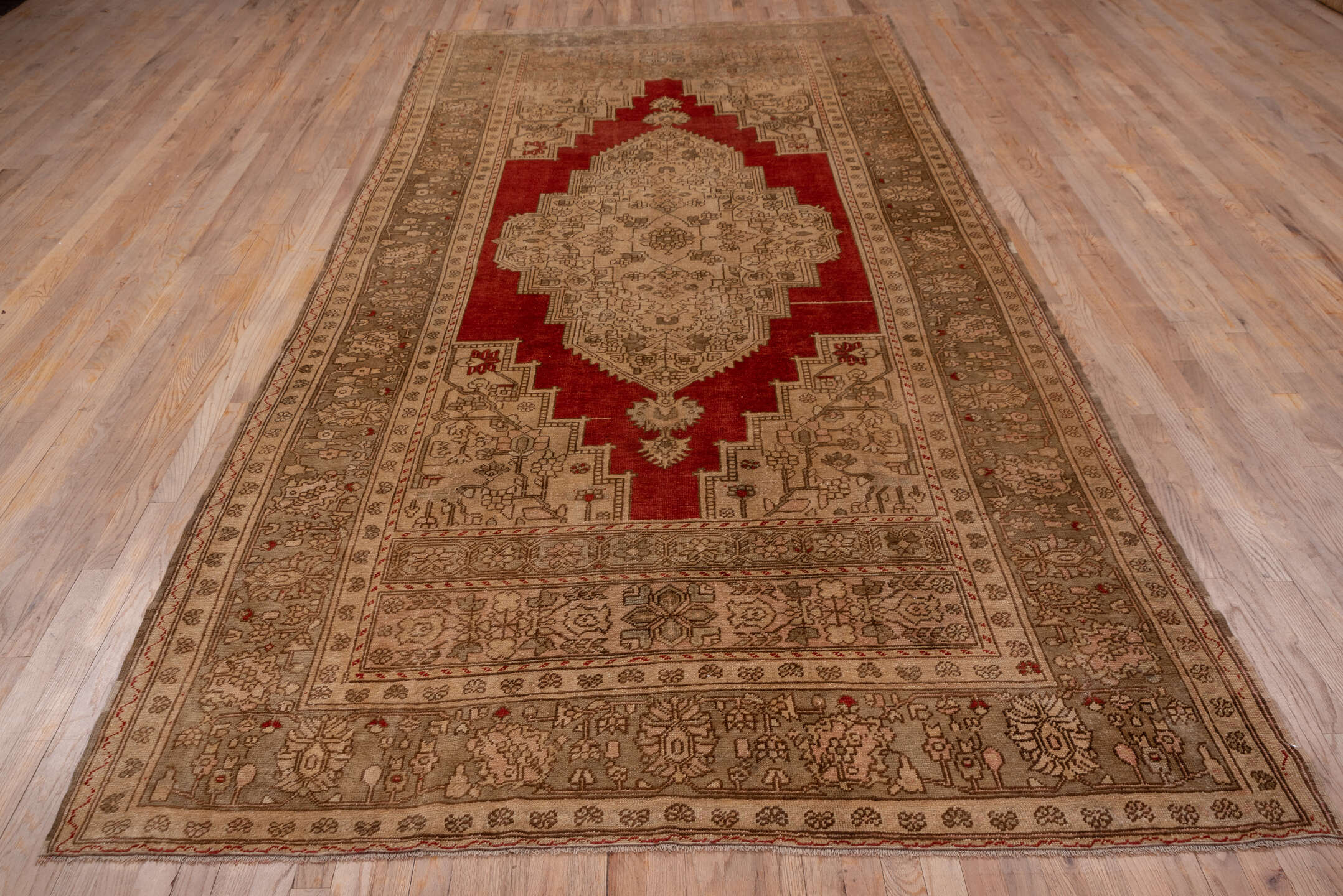 6' x 12' one-of-a-kind handmade vintage Oushak large size rug. Color palette: brown, gray, light gray, pink, red