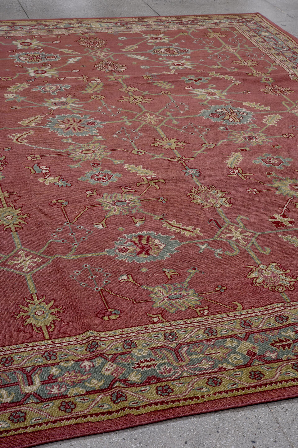 9' x 12' one-of-a-kind handmade vintage Oushak large size rug. Color palette: rose, aqua, ivory, sage, taupe, burgundy, pink