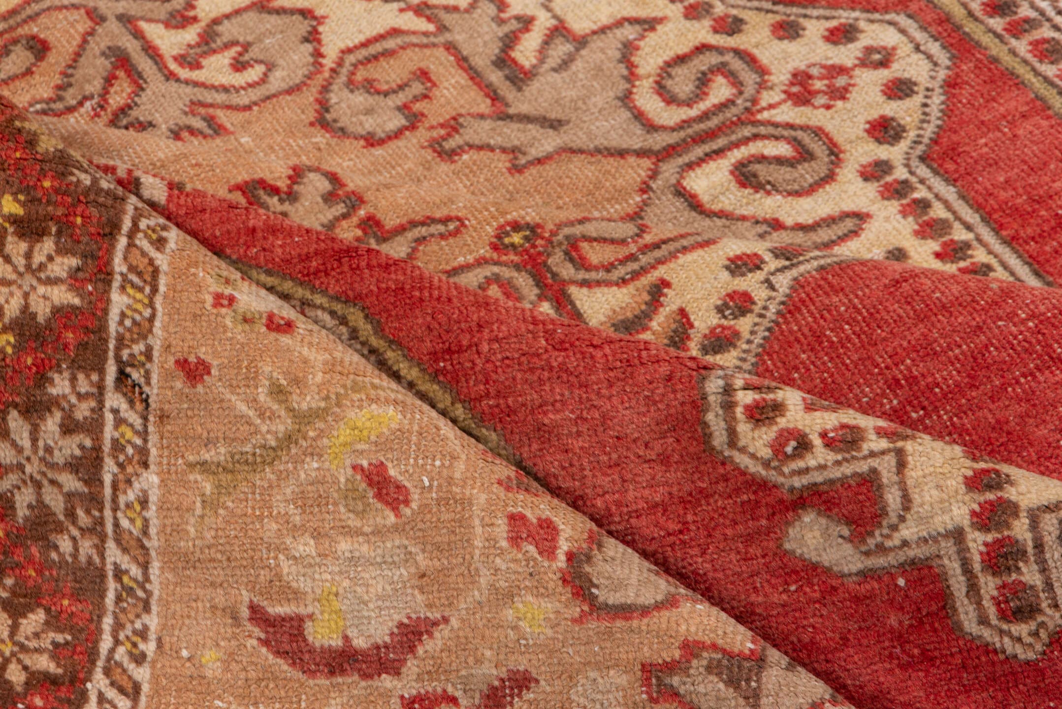 4' x 7' one-of-a-kind handmade vintage Oushak rug. Color palette: coral, ivory, taupe, brown, rose, sage, gold, terracotta