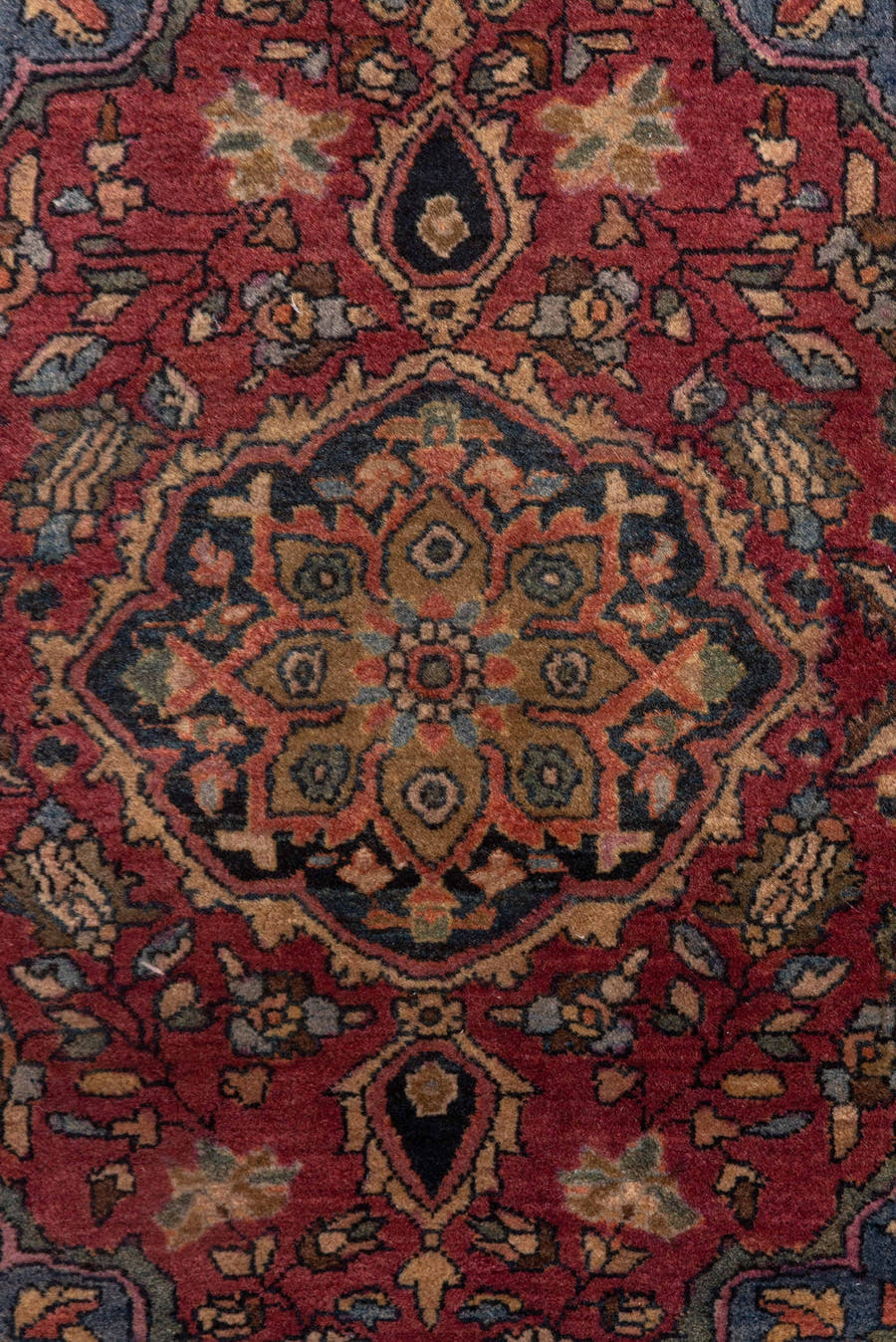 1' x 2' one-of-a-kind handmade vintage Far.Sarouk small size rug. Color palette: rust, ivory, navy, rose, charcoal, taupe