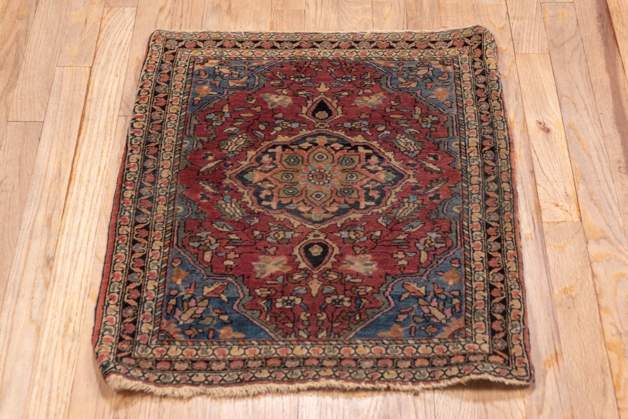 1' x 2' one-of-a-kind handmade vintage Far.Sarouk small size rug. Color palette: rust, ivory, navy, rose, charcoal, taupe