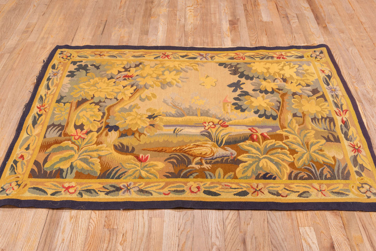 4' x 5' one-of-a-kind handmade vintage Tapestry small size rug. Color palette: beige, gold, sage, slate, brown, rose