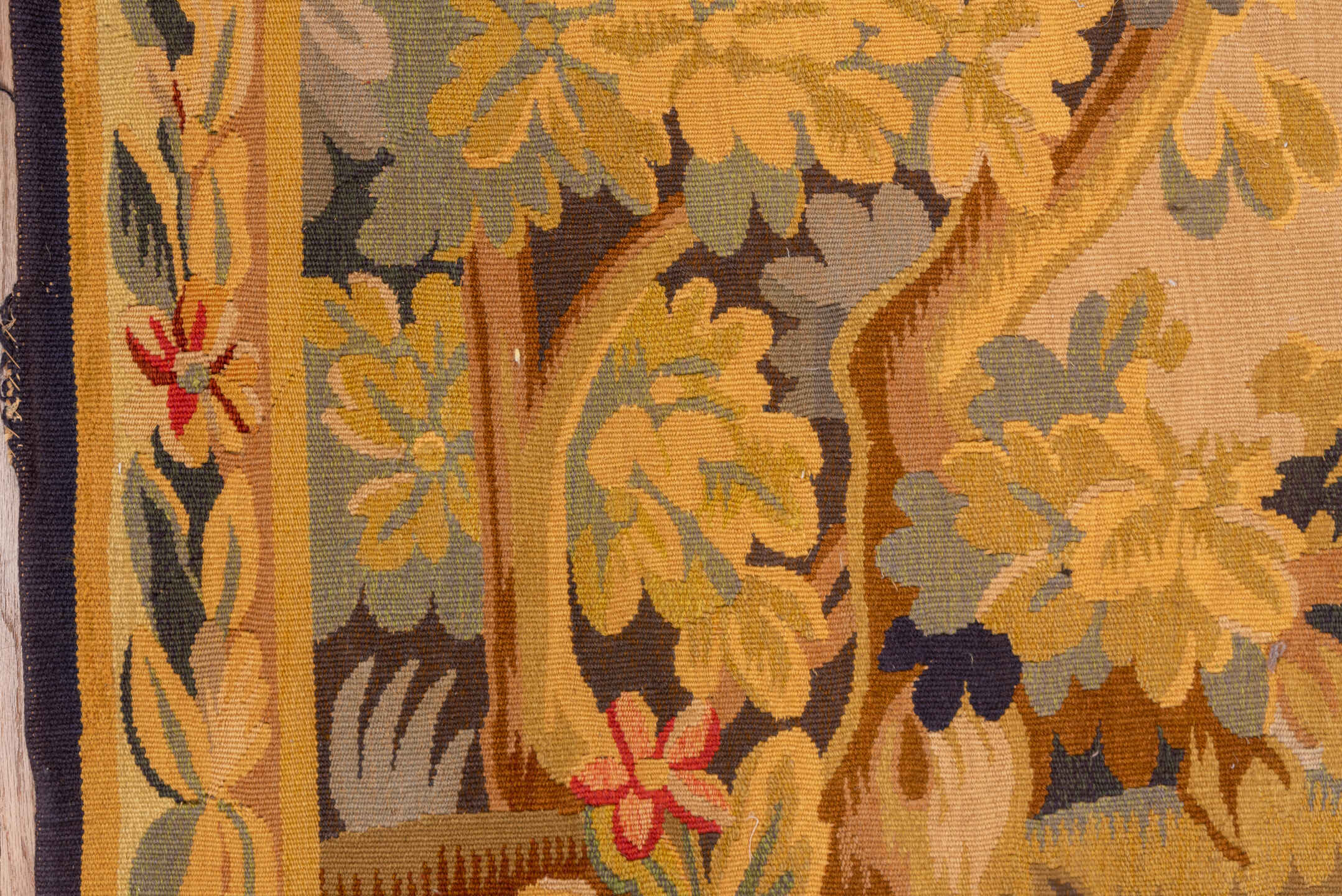 4' x 5' one-of-a-kind handmade vintage Tapestry small size rug. Color palette: beige, gold, sage, slate, brown, rose