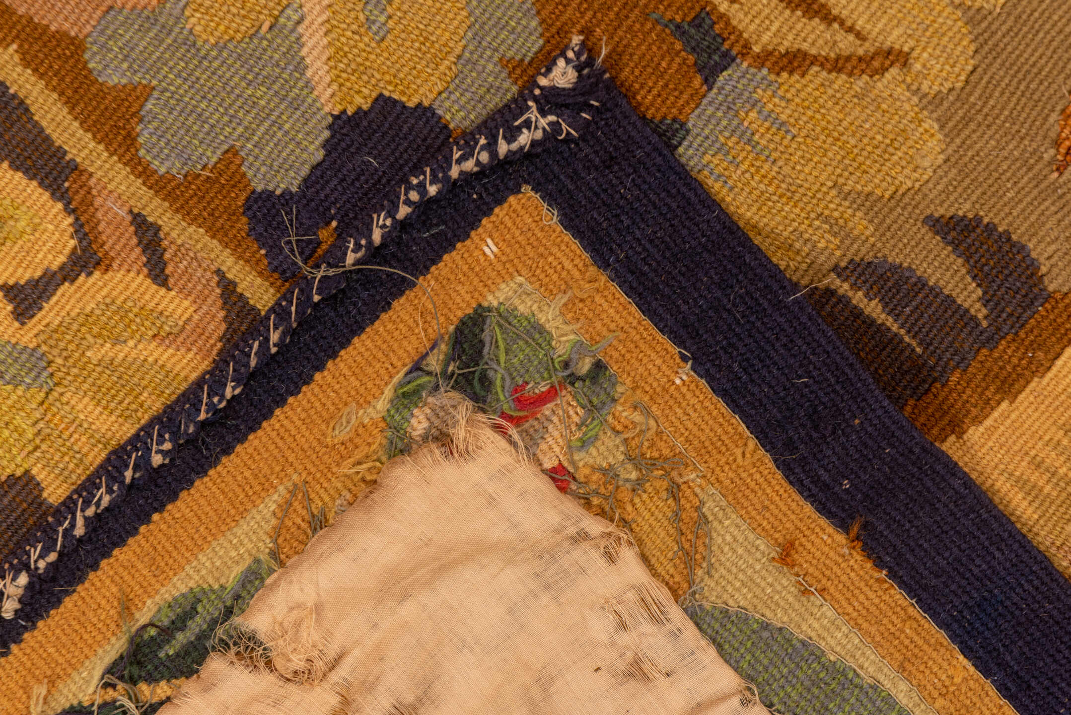 4' x 5' one-of-a-kind handmade vintage Tapestry small size rug. Color palette: beige, gold, sage, slate, brown, rose