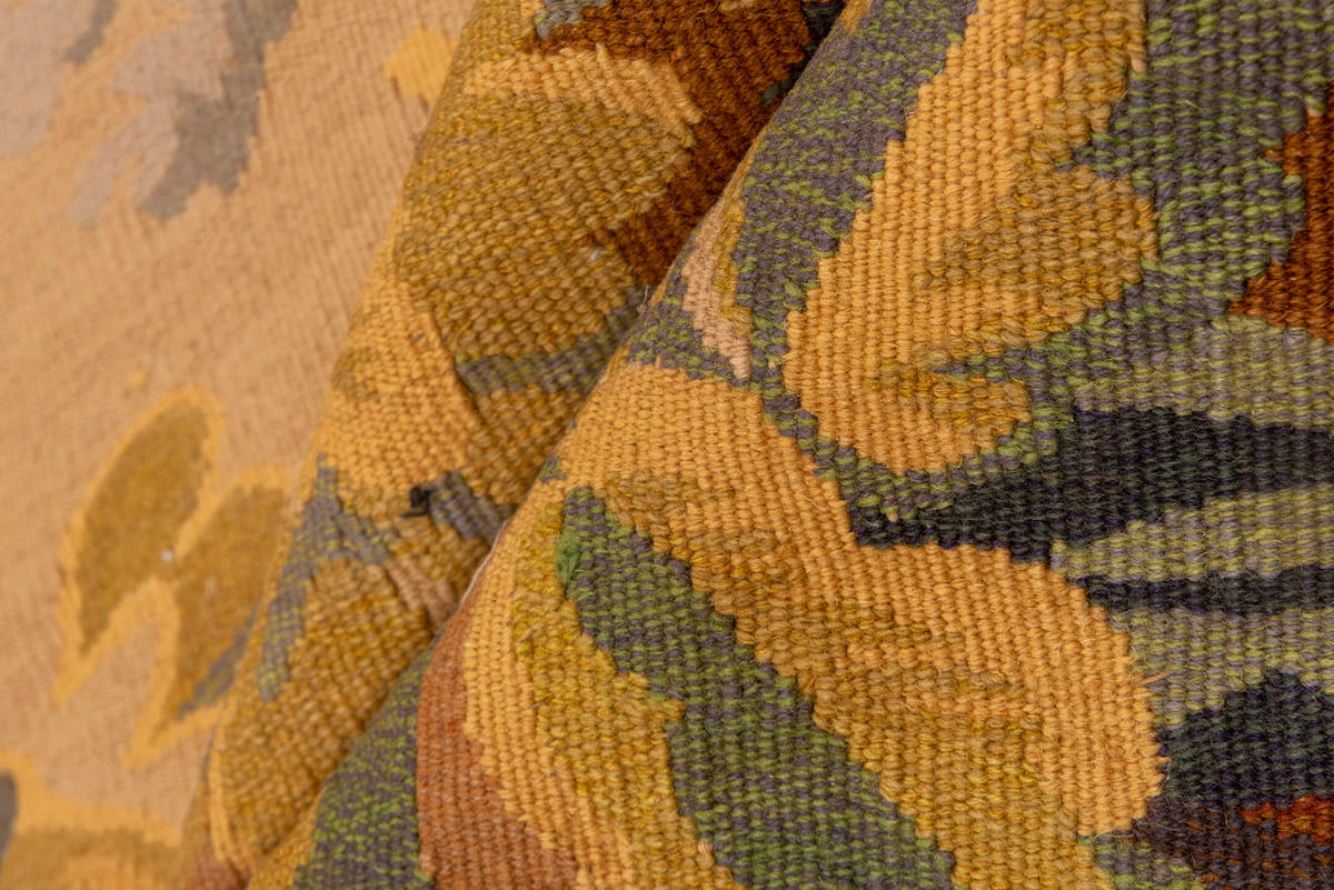 4' x 5' one-of-a-kind handmade vintage Tapestry small size rug. Color palette: beige, gold, sage, slate, brown, rose