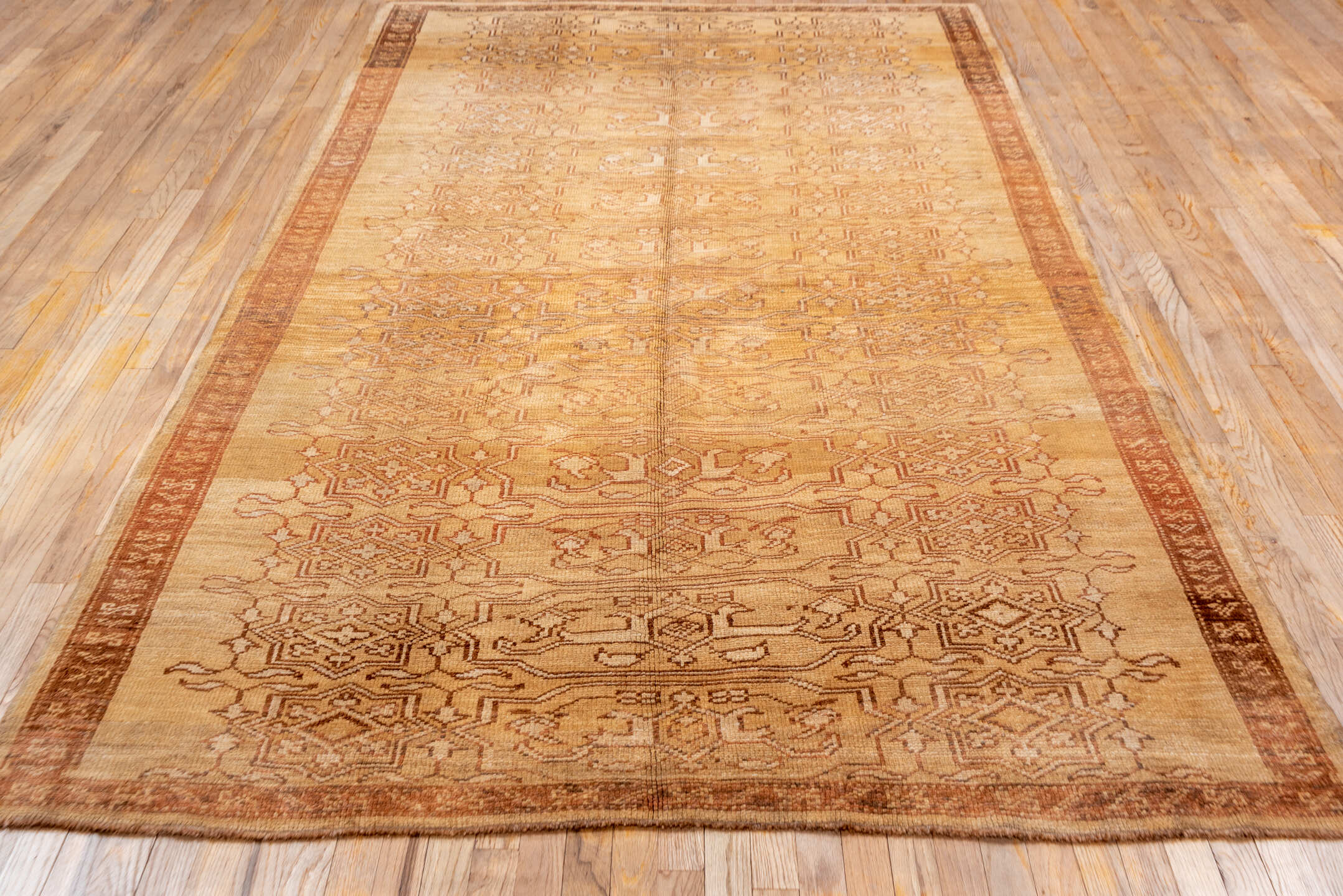 6' x 10' one-of-a-kind handmade vintage Kars large size rug. Color palette: camel, taupe, terra cotta, rose, beige, brown