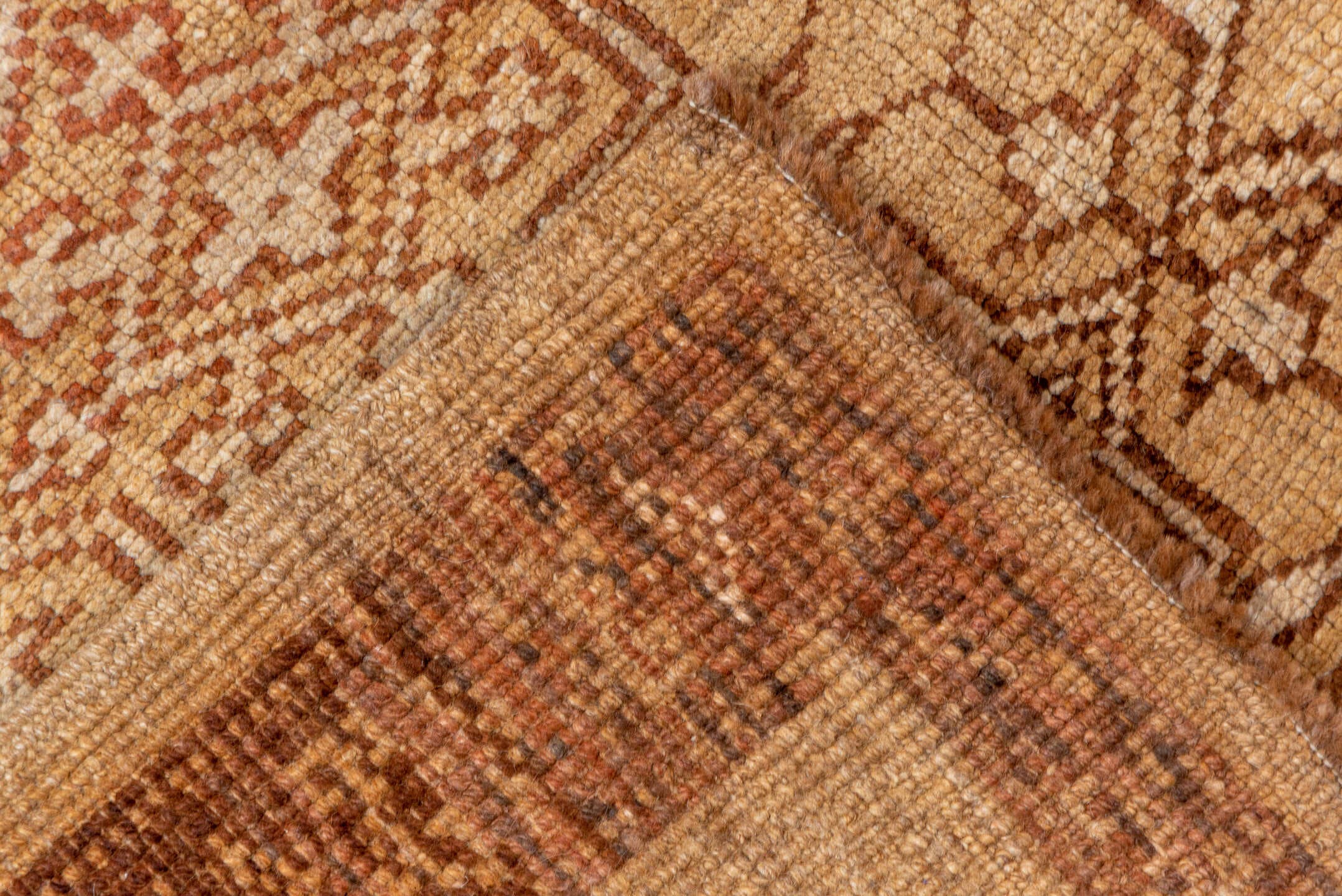 6' x 10' one-of-a-kind handmade vintage Kars large size rug. Color palette: camel, taupe, terra cotta, rose, beige, brown