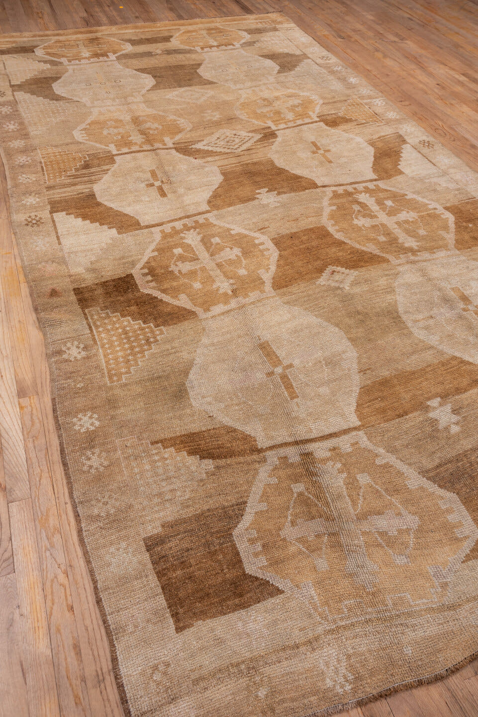 6' x 14' one-of-a-kind handmade vintage Oushak large size rug. Color palette: camel, taupe, ivory, beige, sand, light brown