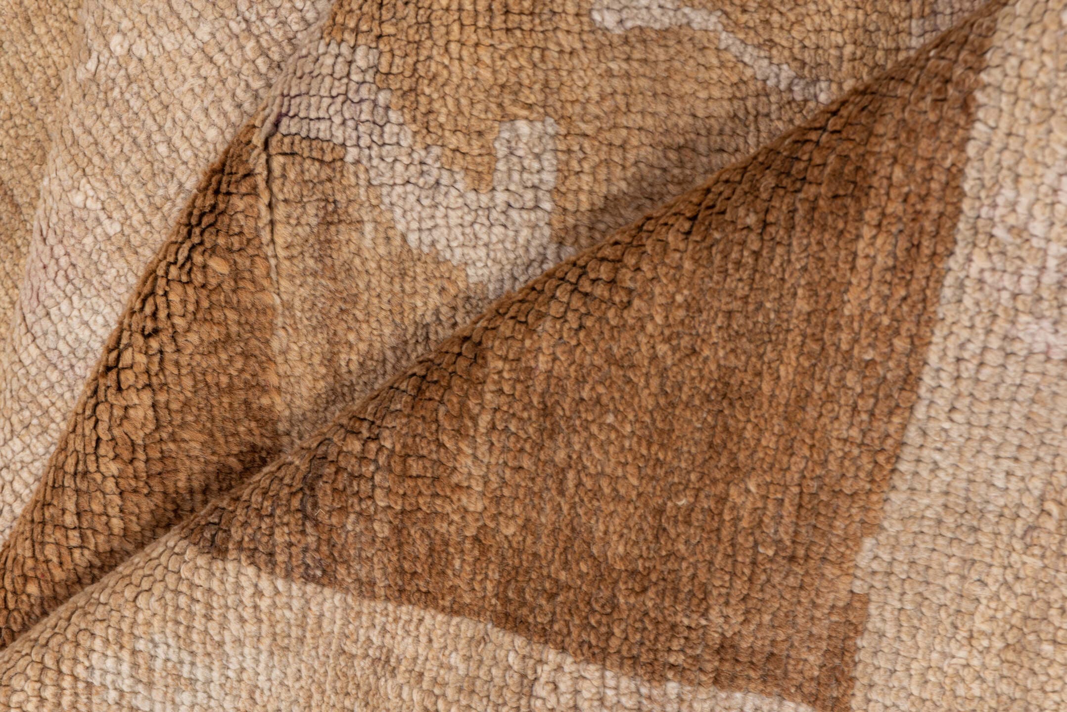 6' x 14' one-of-a-kind handmade vintage Oushak large size rug. Color palette: camel, taupe, ivory, beige, sand, light brown