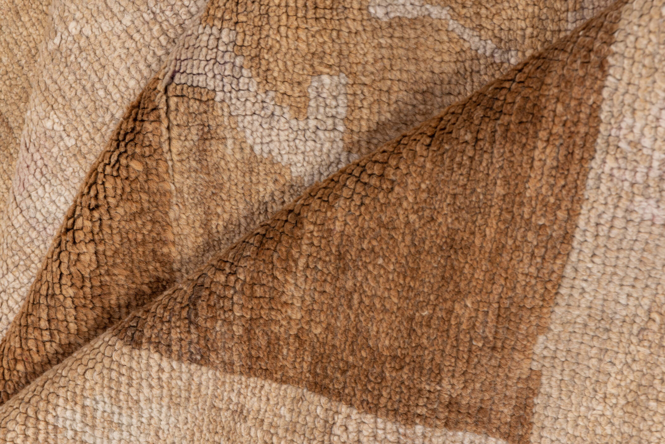 6' x 14' one-of-a-kind handmade vintage Oushak large size rug. Color palette: camel, taupe, ivory, beige, sand, light brown