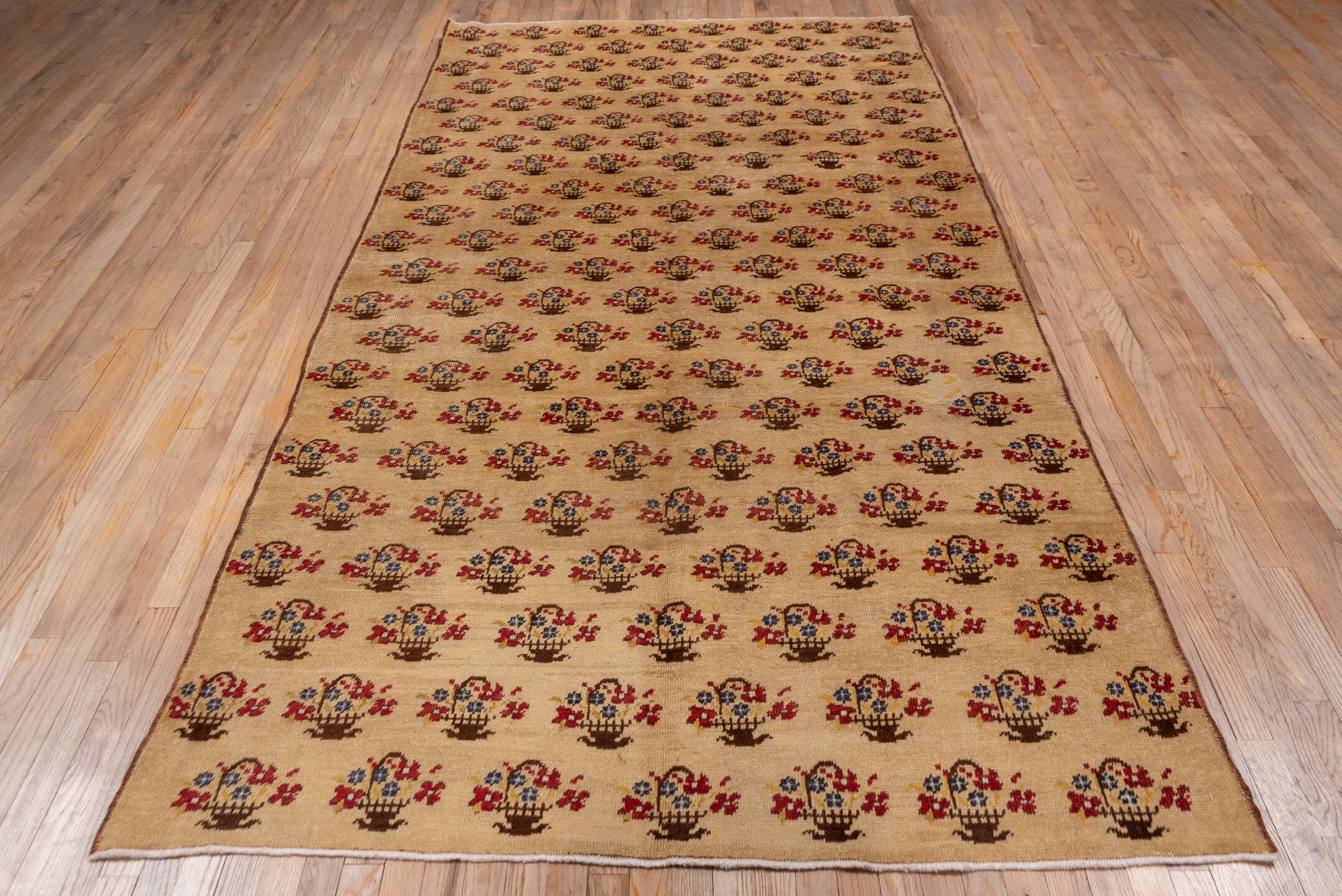 5' x 10' one-of-a-kind handmade vintage Konya medium size rug. Color palette: camel, brown, rust, indigo, ivory, beige