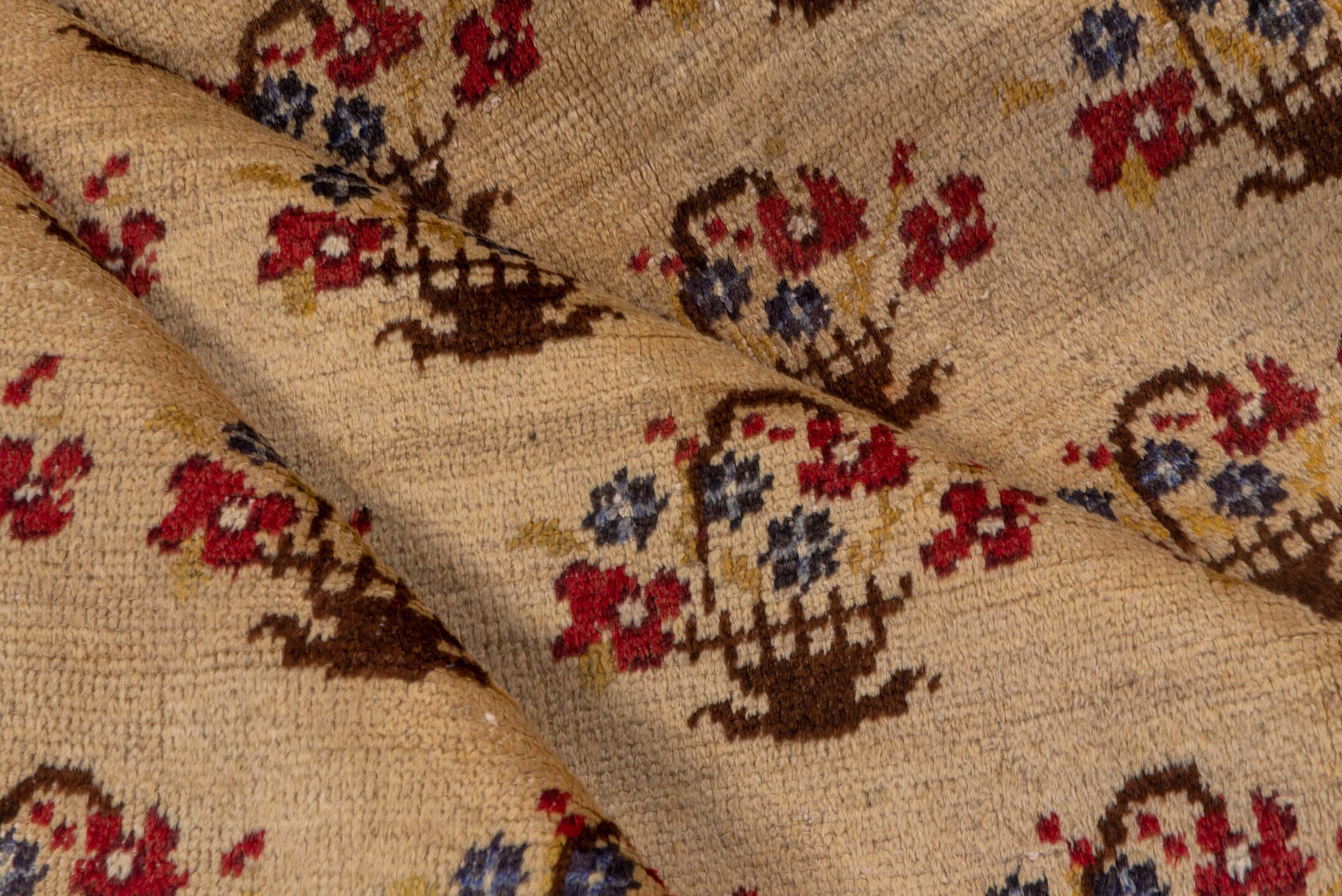 5' x 10' one-of-a-kind handmade vintage Konya medium size rug. Color palette: camel, brown, rust, indigo, ivory, beige