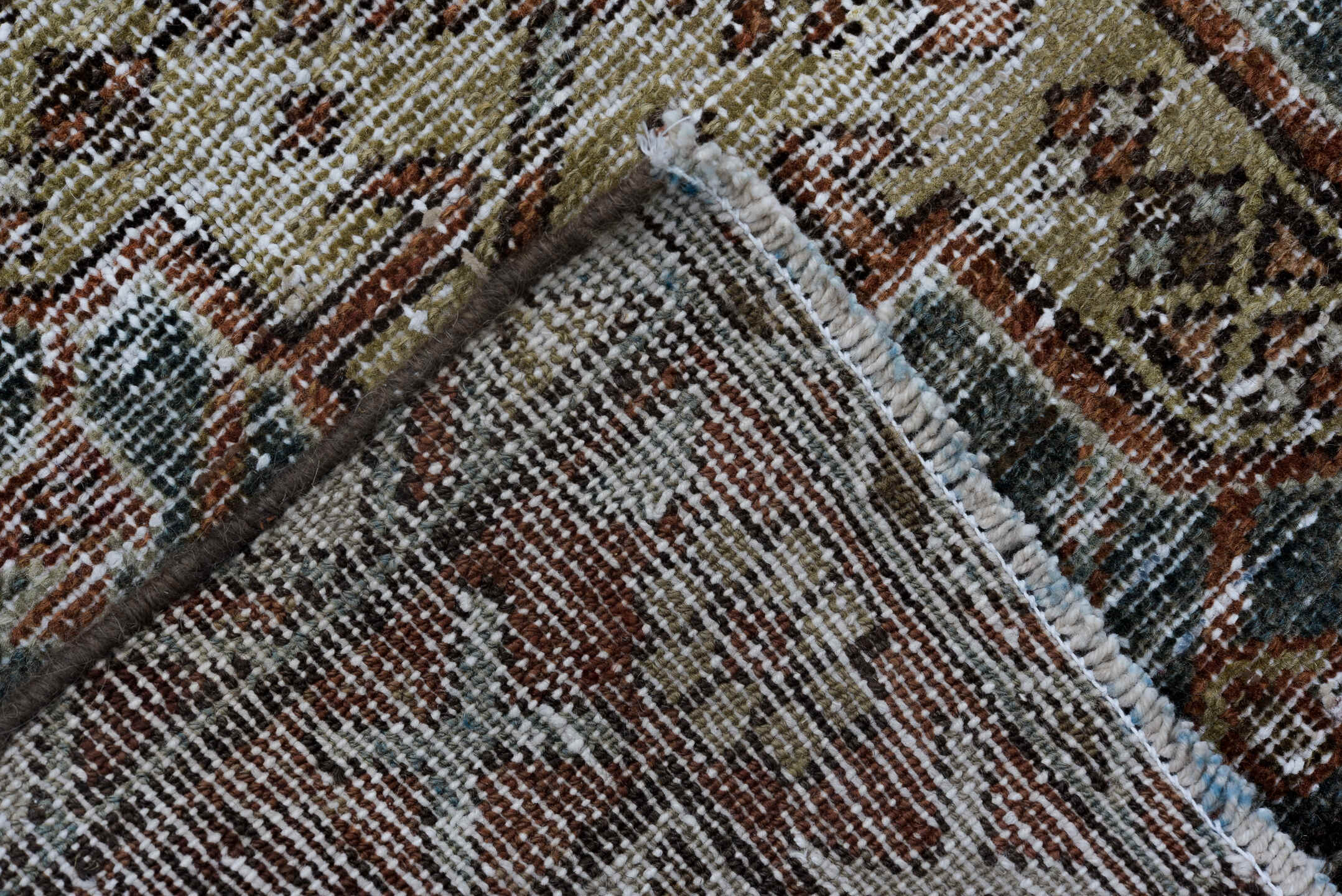 2' x 10' one-of-a-kind handmade vintage Karaje runner rug. Color palette: black, blue, brown, charcoal, gray, light gray