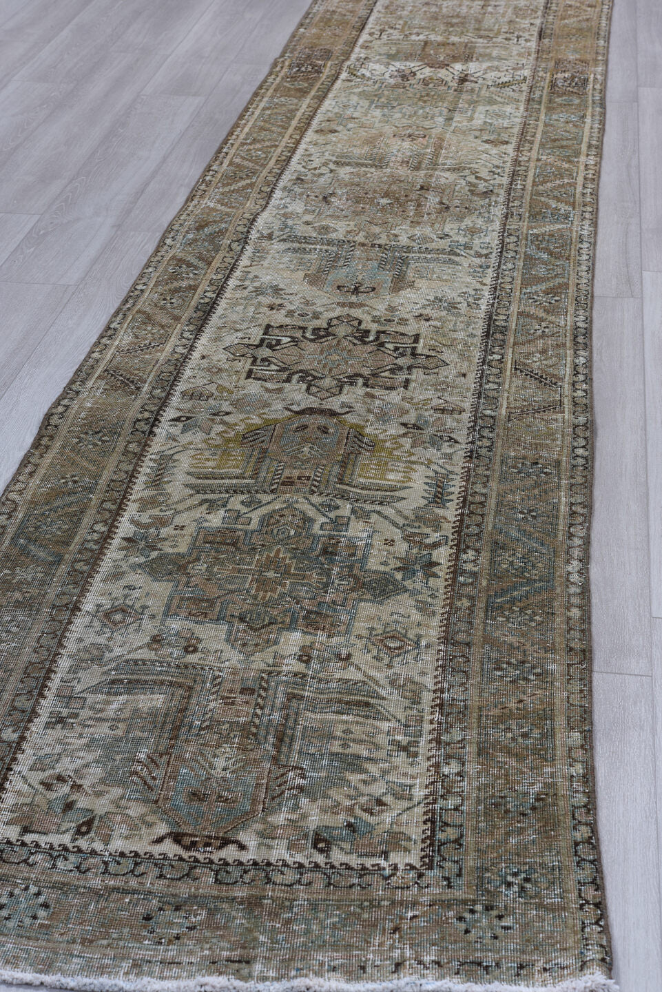 3' x 14' one-of-a-kind handmade vintage Heriz runner rug. Color palette: black, dark gray, dim gray, gray, light gray