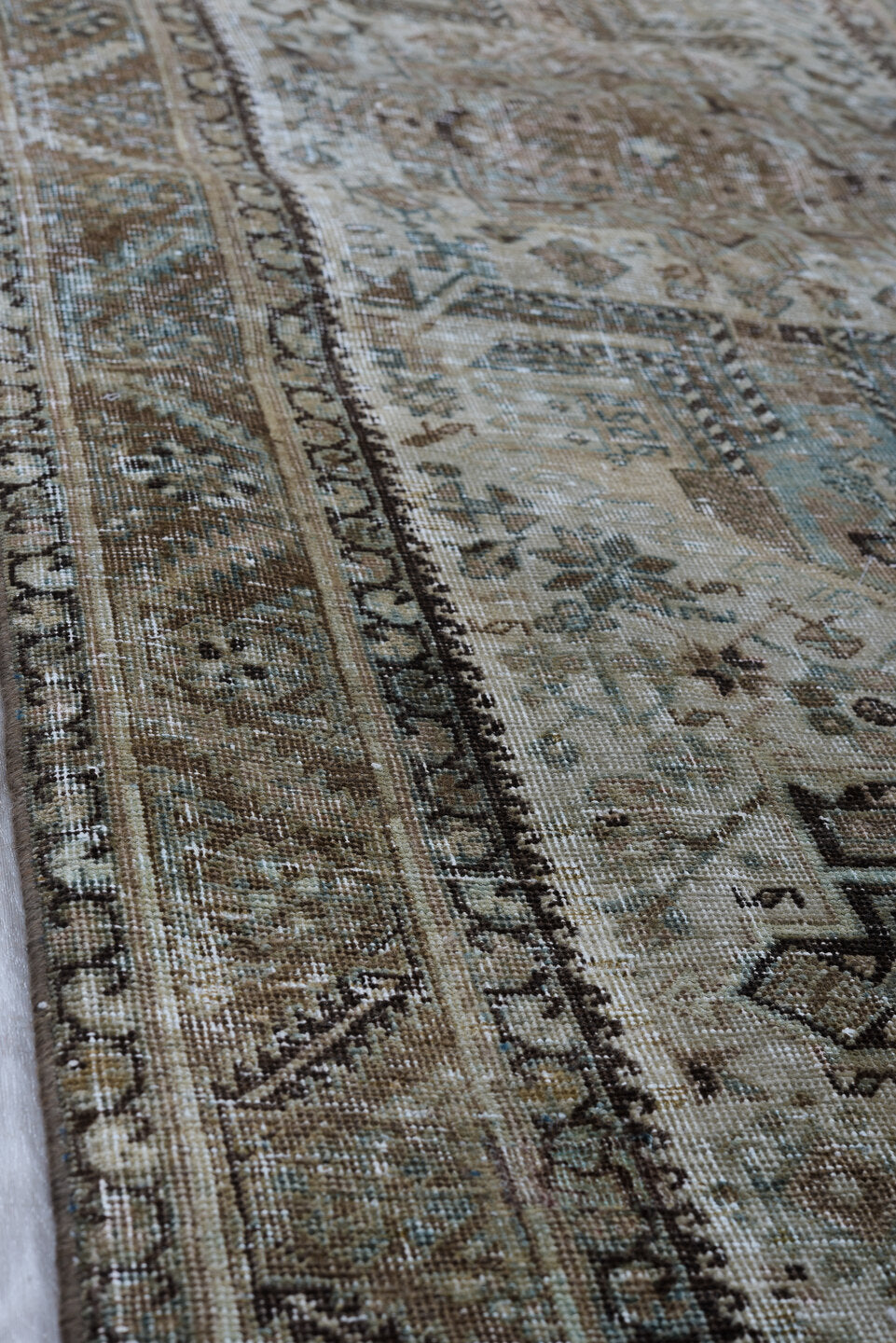 3' x 14' one-of-a-kind handmade vintage Heriz runner rug. Color palette: black, dark gray, dim gray, gray, light gray