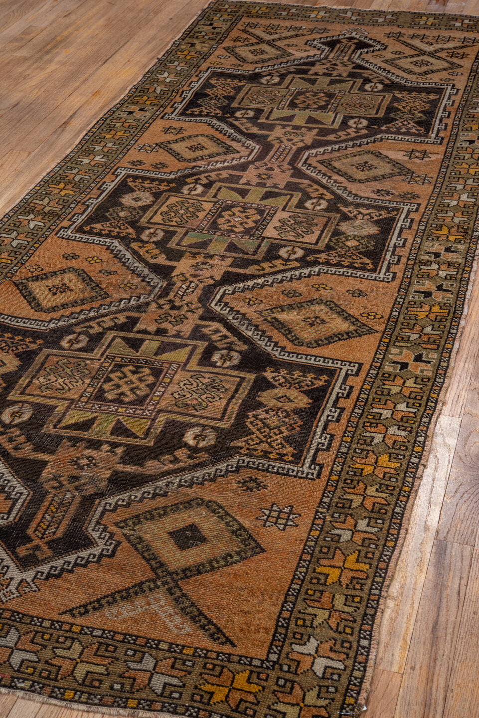 3' x 9' one-of-a-kind handmade antique Oushak runner rug. Color palette: camel, brown, taupe, ivory, gold, charcoal, beige
