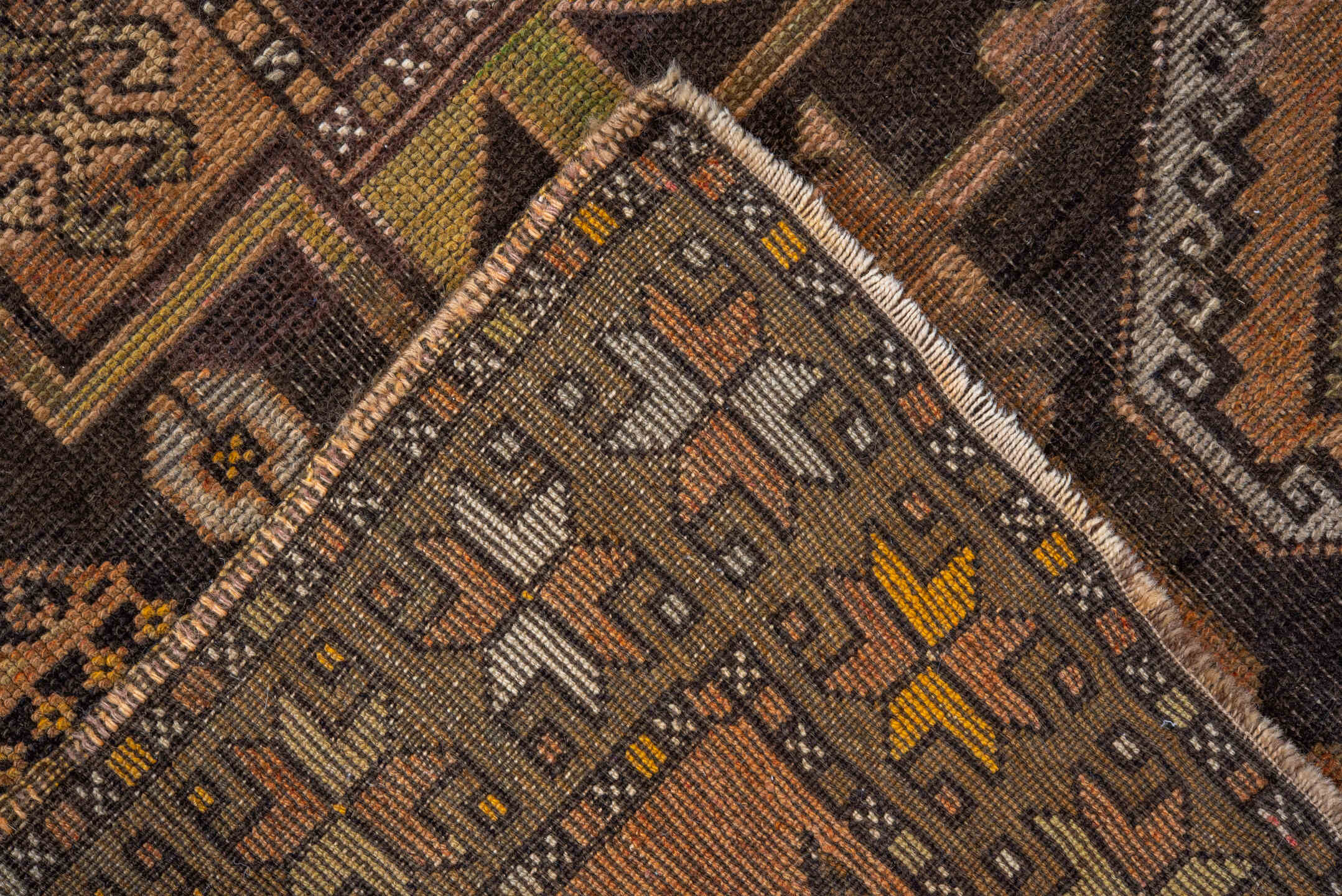 3' x 9' one-of-a-kind handmade antique Oushak runner rug. Color palette: camel, brown, taupe, ivory, gold, charcoal, beige